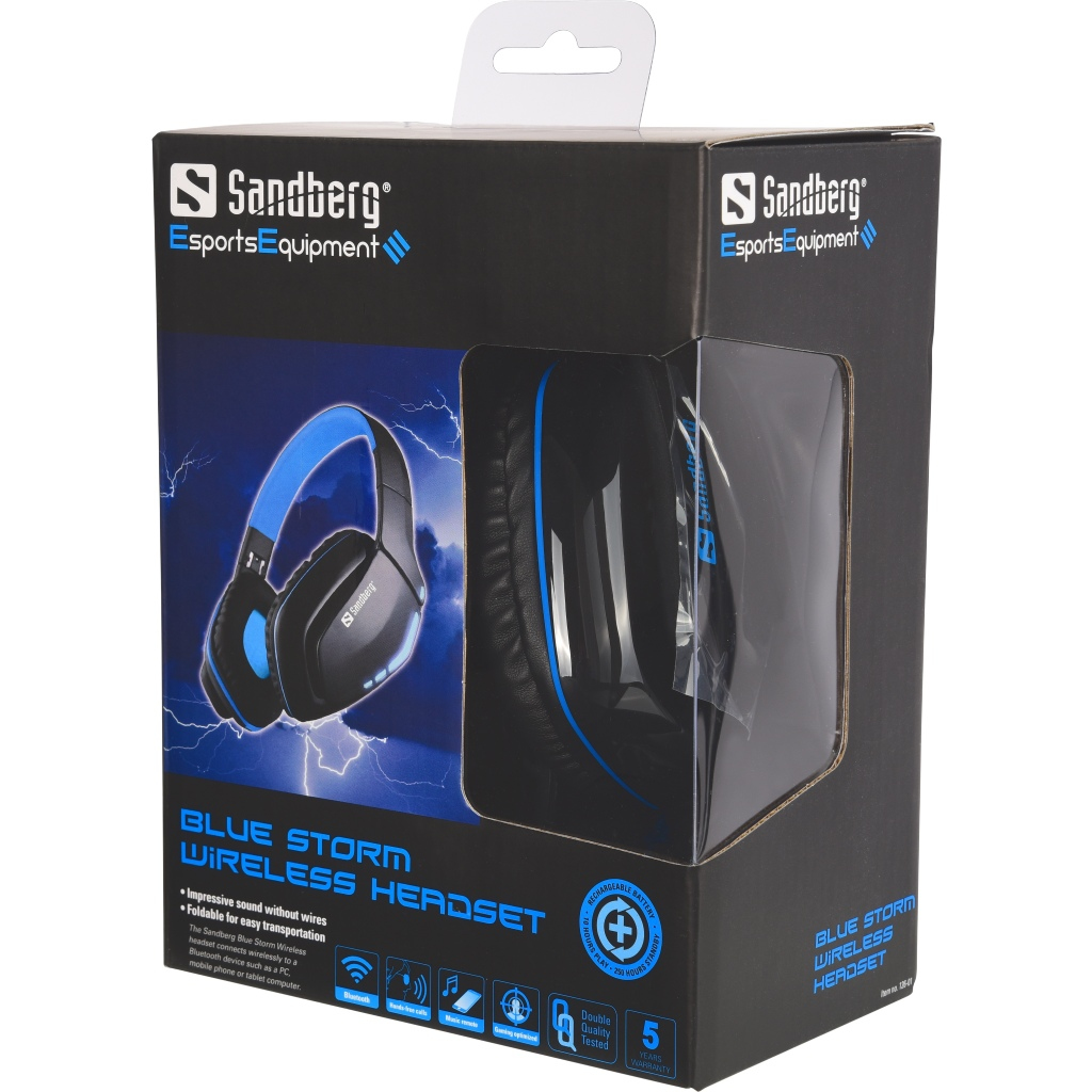 Cuffie in una scatola. Le cuffie sono nere e blu, con il nome "Blue Storm Wireless Headset".