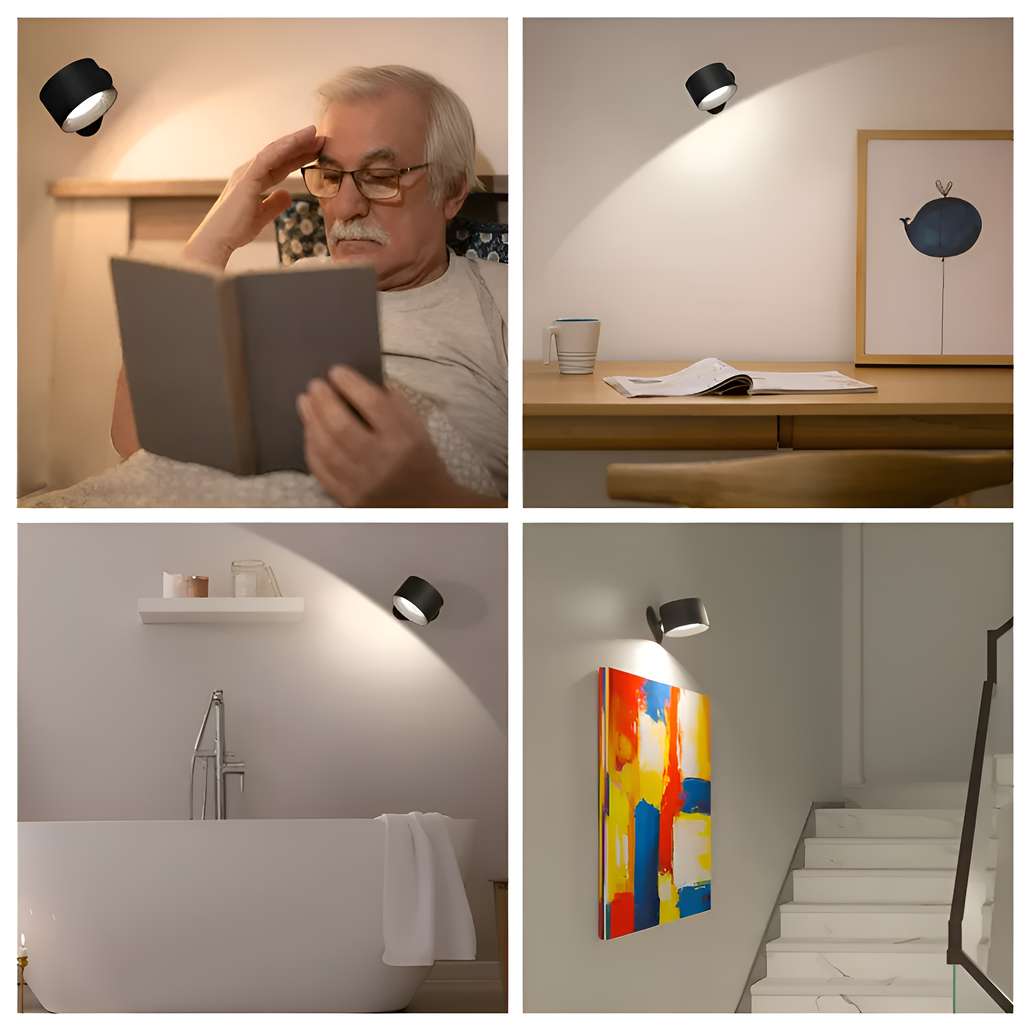 Vier Bilder von schwarzen Wandleuchten, die verschiedene Szenen beleuchten. Innenaufnahmen mit weißem Hintergrund.