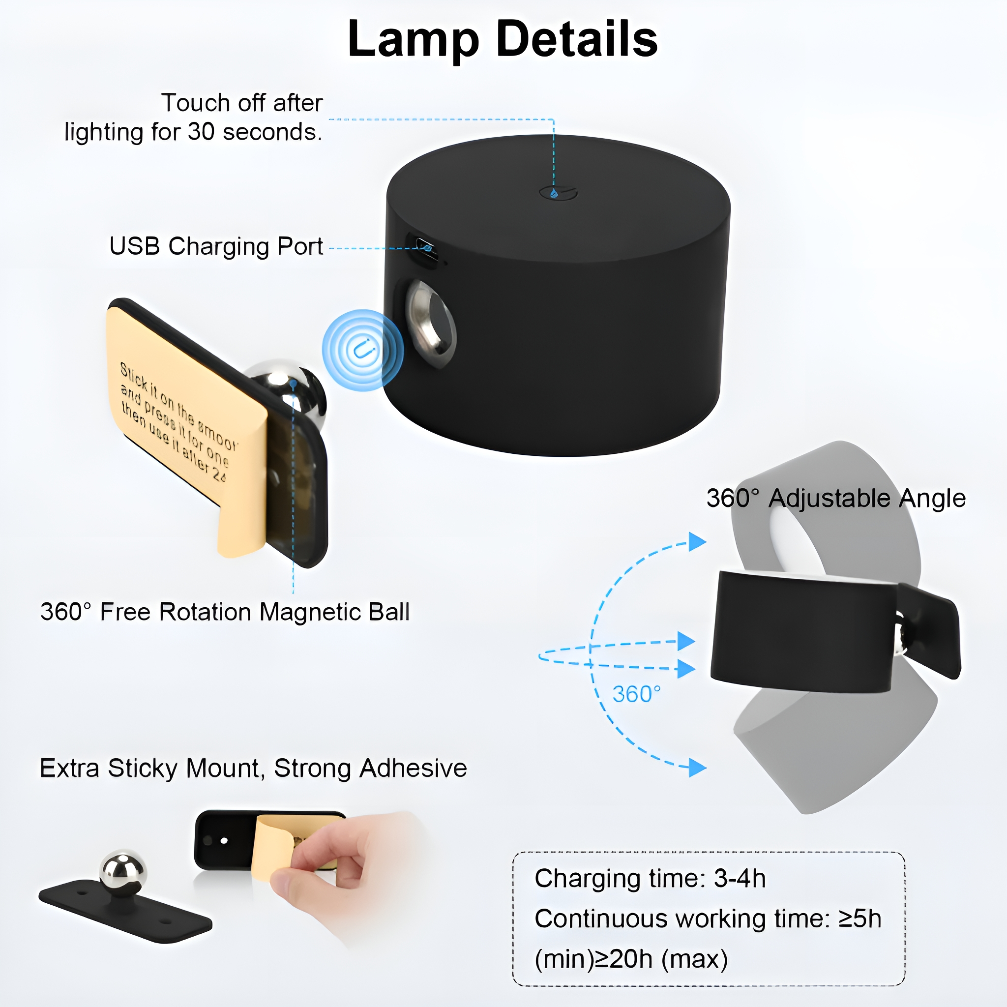 Schwarzer Projektor mit USB-Anschluss, 360° verstellbarer Halterung und Klebstoff.