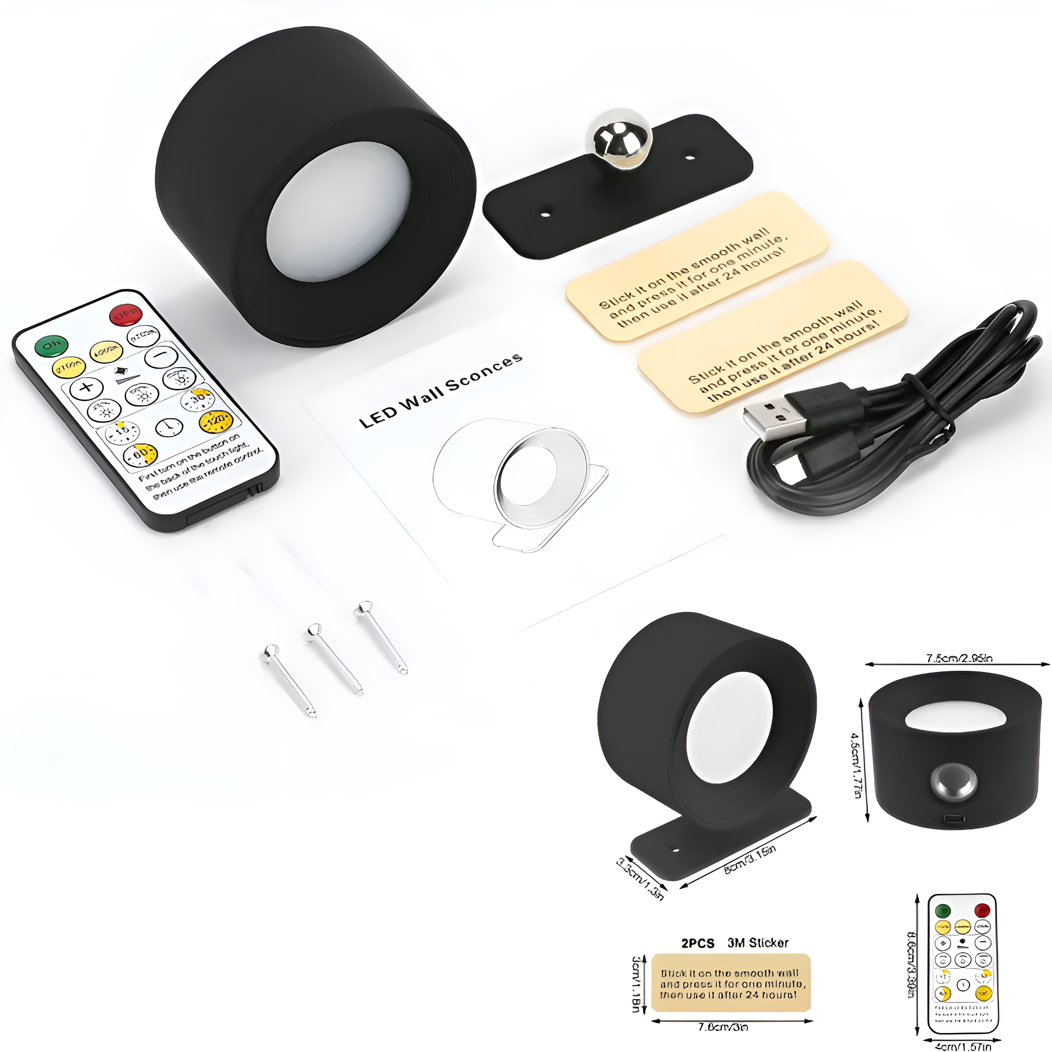 LED-Wandleuchten-Set mit Fernbedienung, Anweisungen und Zubehör.