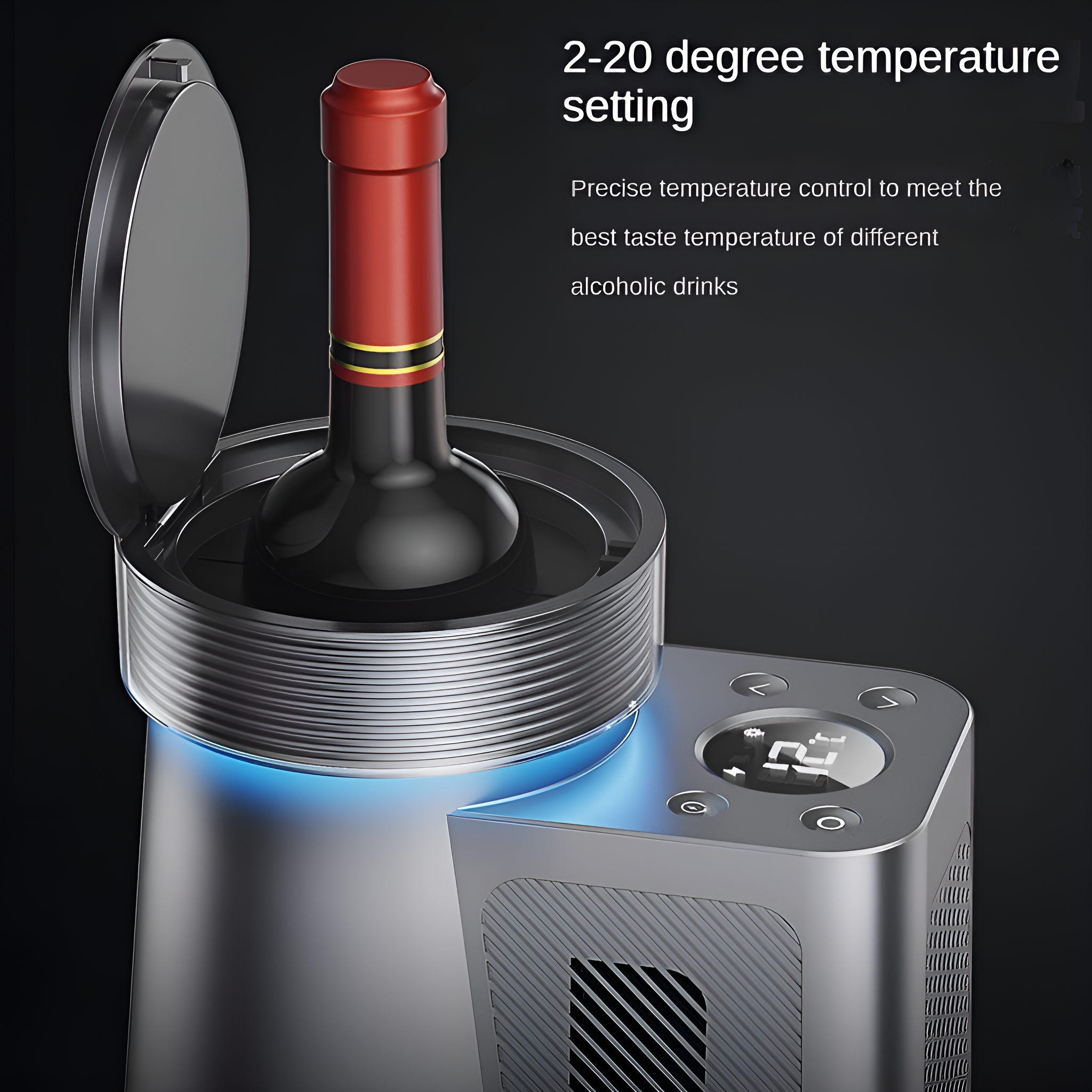 Weinflasche in einem Kühler. Text: 2-20 Grad Temperatureinstellung. Präzise Temperaturkontrolle.
