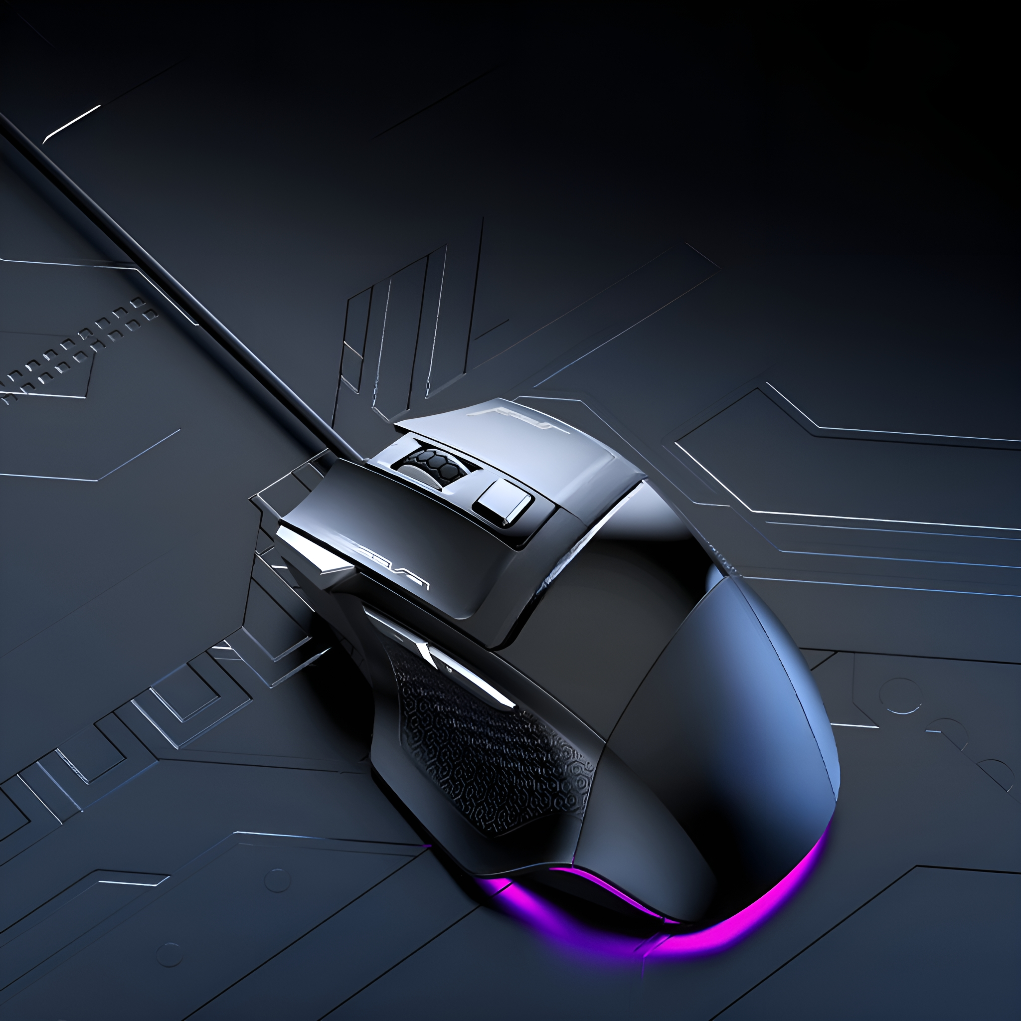 Eine schwarze Gaming-Maus mit violetter Beleuchtung auf einer dunklen, technisch gemusterten Oberfläche.