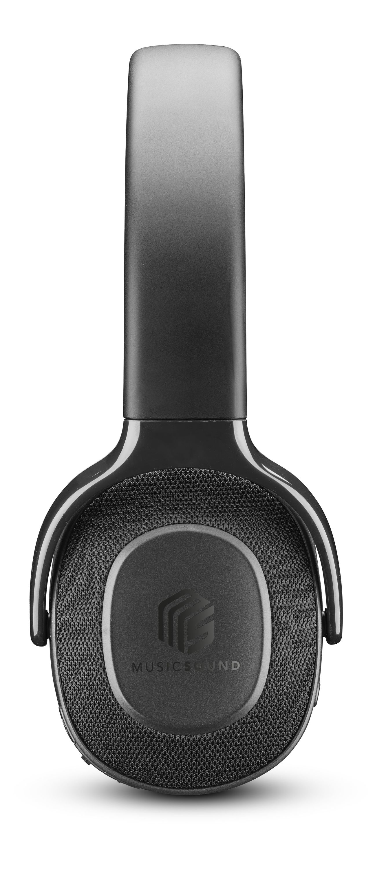 Schwarze Over-Ear-Kopfhörer mit einem Mesh-Lautsprecher und einem Logo.
