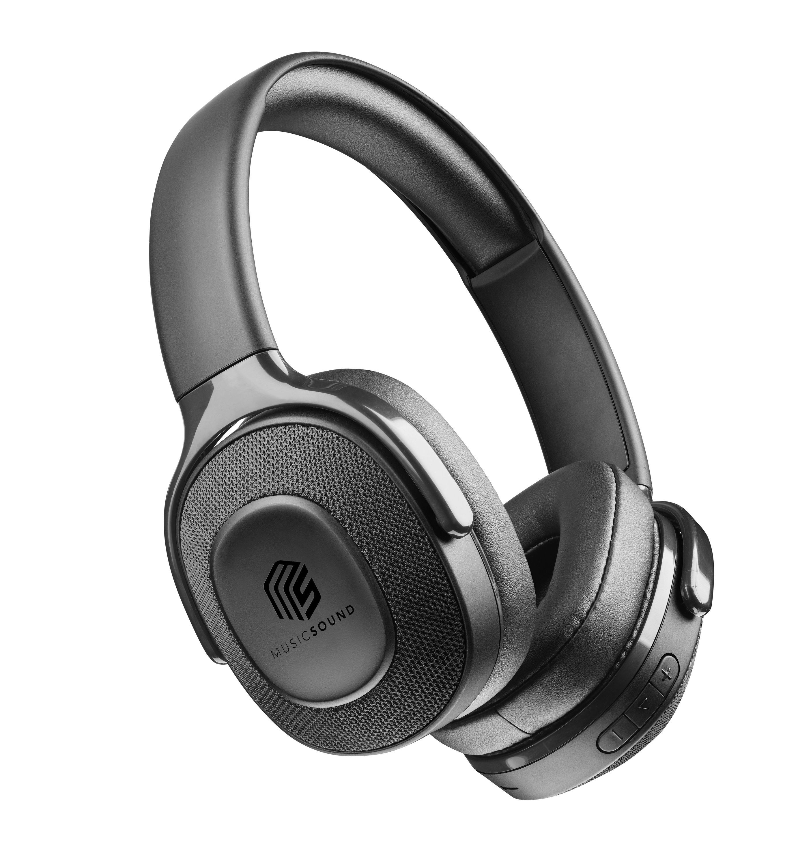 Schwarze Over-Ear-Kopfhörer mit einem Mesh-Design an den Ohrmuscheln und einem Logo.