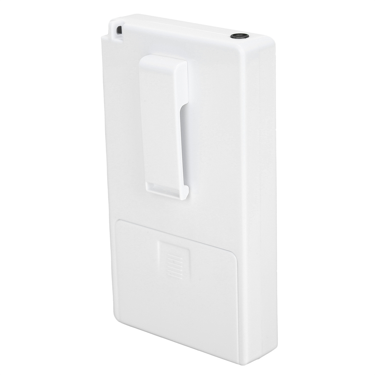 Ein weißes rechteckiges Gerät mit Gürtelclip und einem Steckplatz für Batterien.