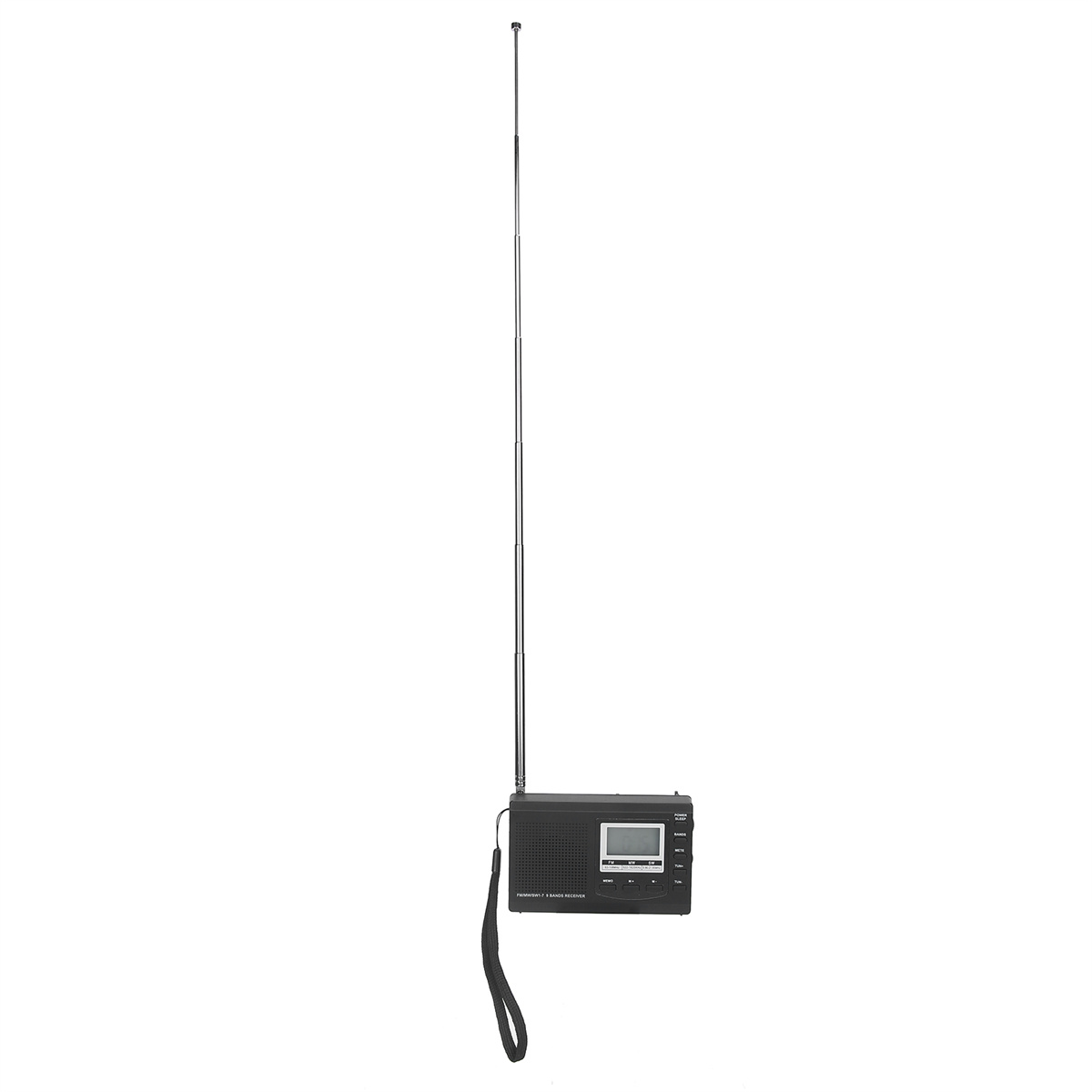 Ein schwarzes Radio mit ausgefahrener Antenne und Handschlaufe.