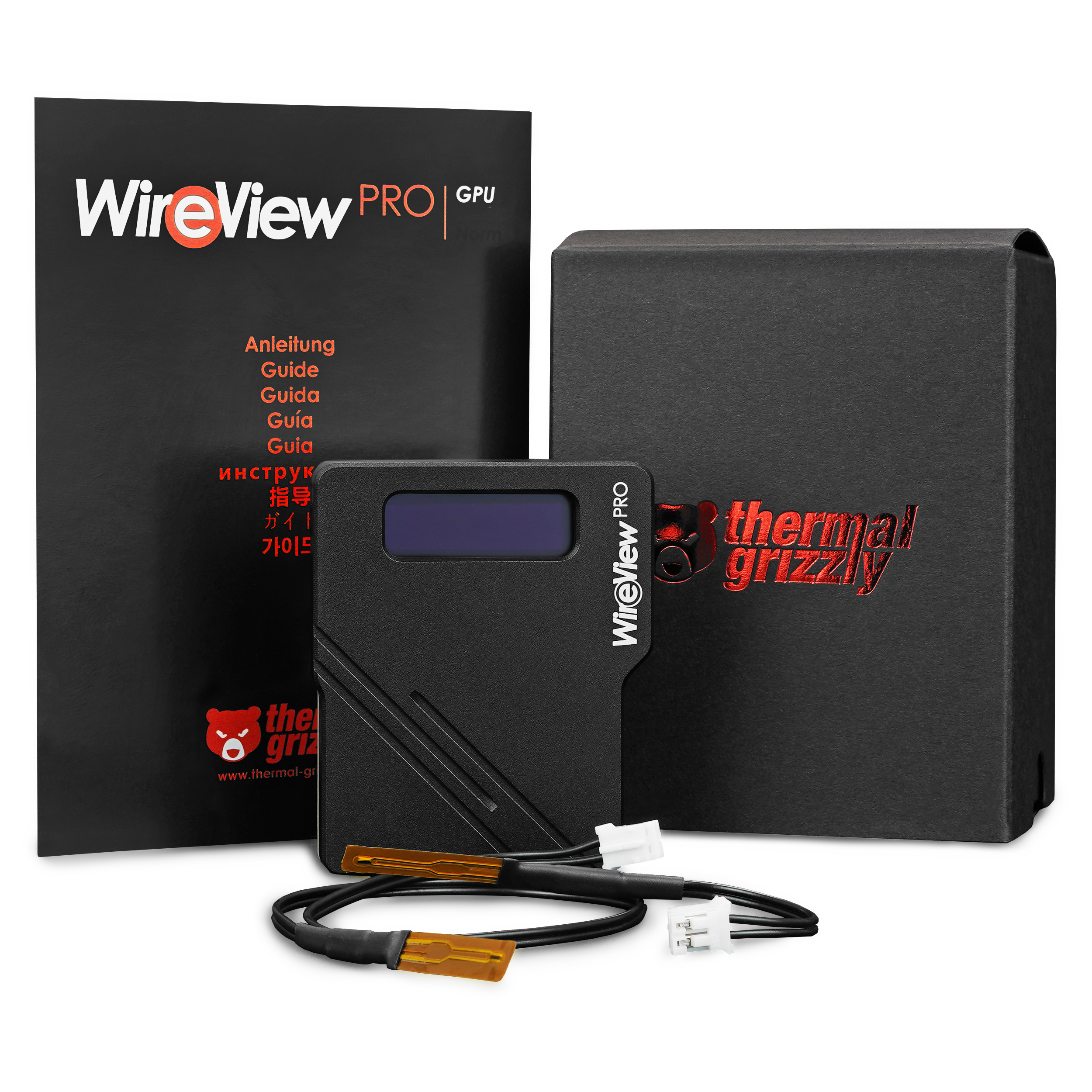 Kit WireView PRO GPU con scatola nera, manuale e dispositivo con schermo.