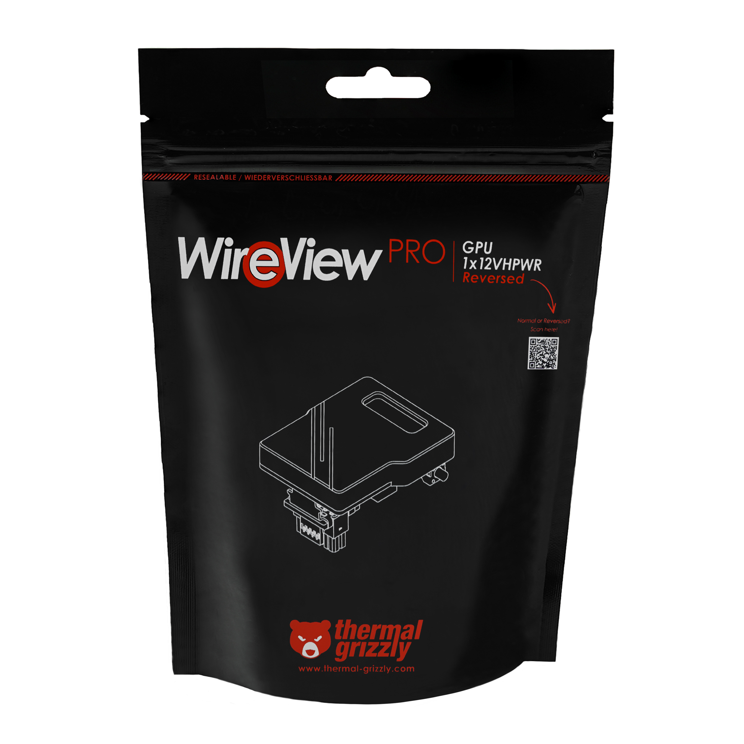 Una borsa nera con un grafico di un componente, un logo rosso e il testo "WireView PRO" e "thermal grizzly".