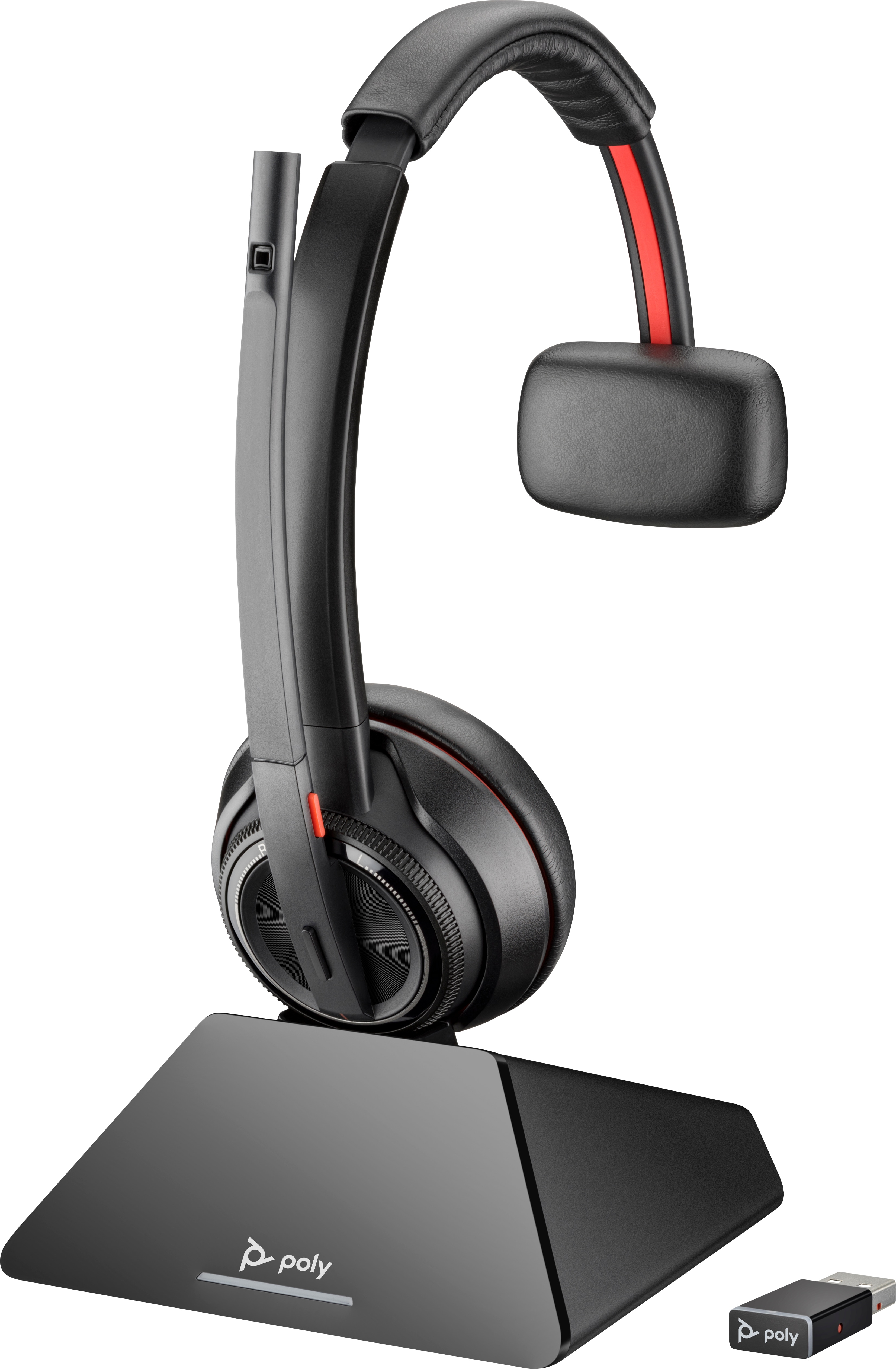 Schwarzes kabelloses Headset mit Basis und USB-Dongle. Auf weißem Hintergrund.