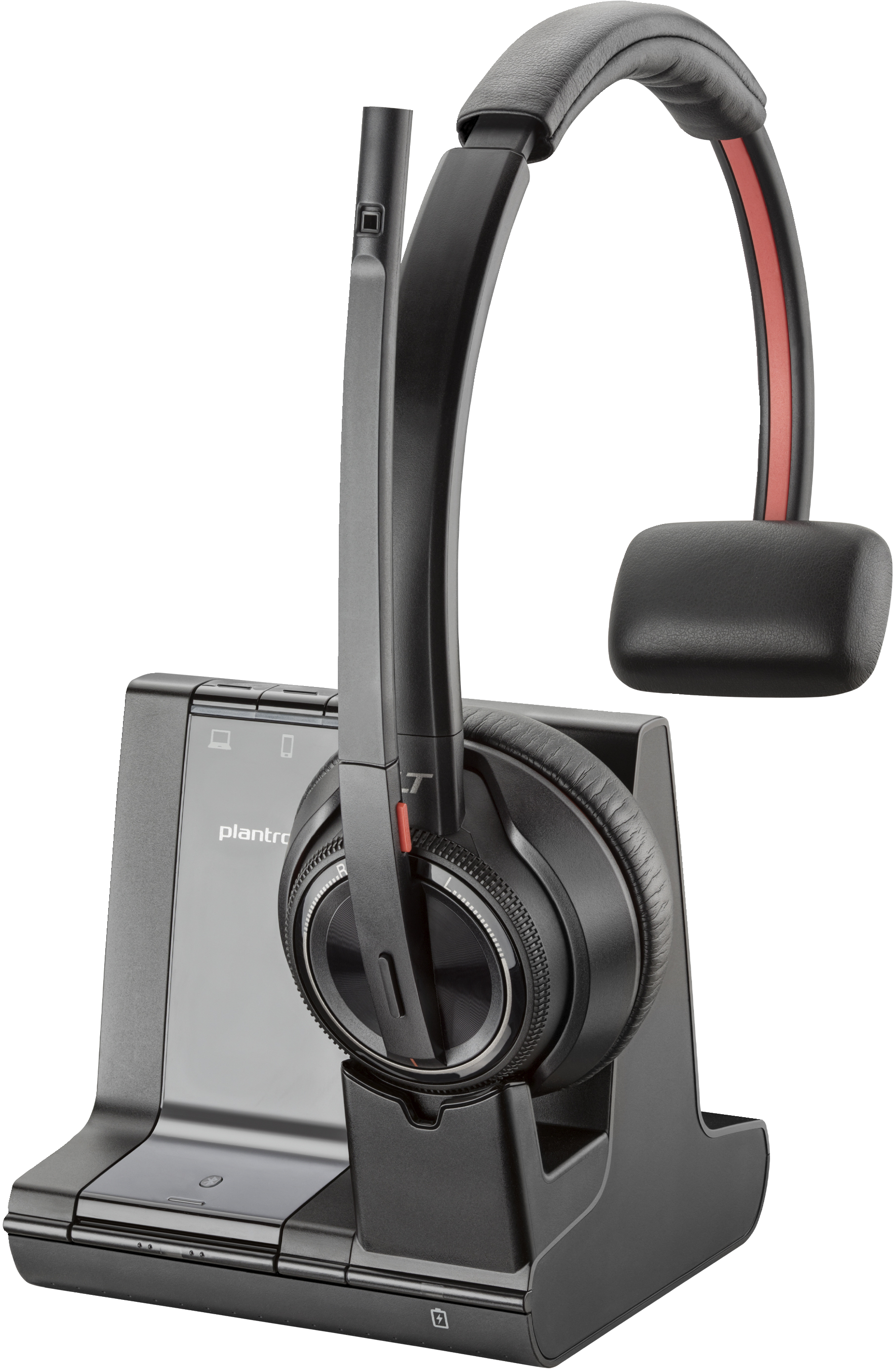 Cuffie wireless Plantronics nere con base di ricarica, isolate su sfondo bianco.