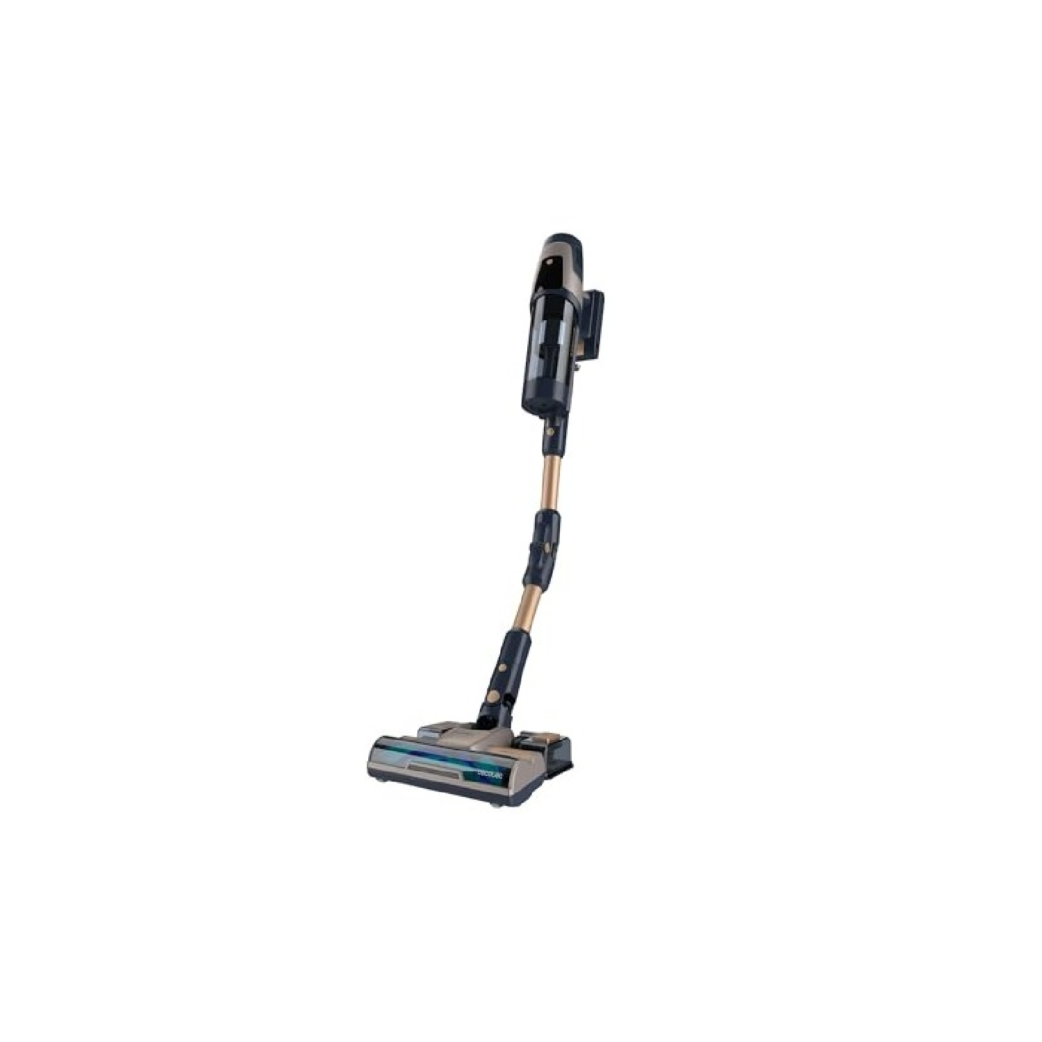 A cordless vacuum cleaner, with a gold and black color scheme, upright.