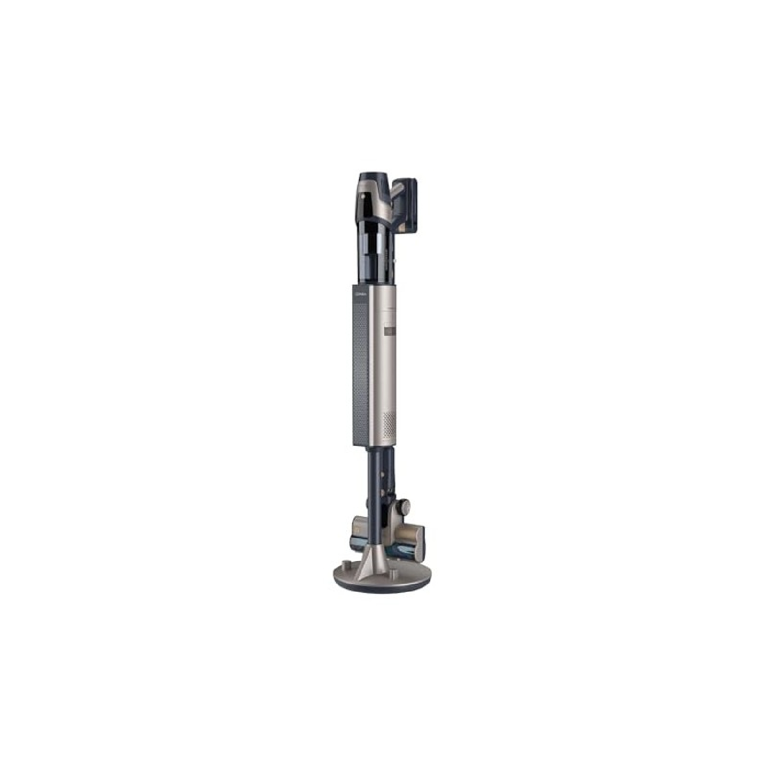 A vacuum cleaner stands upright. It has a silver body and a dark base.