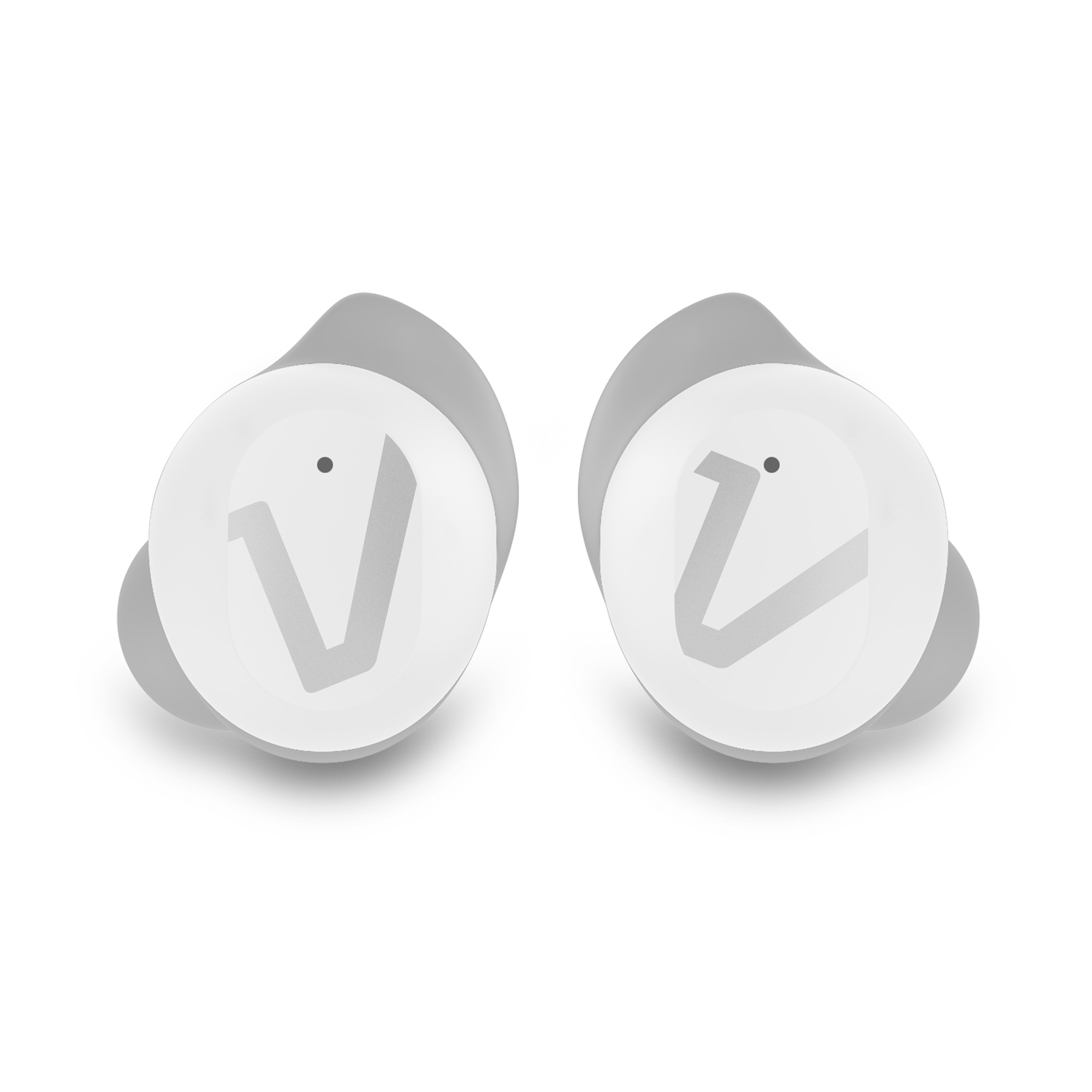 Due auricolari bianchi con logo V grigio. Sono inclinati e hanno un'ombra grigia.
