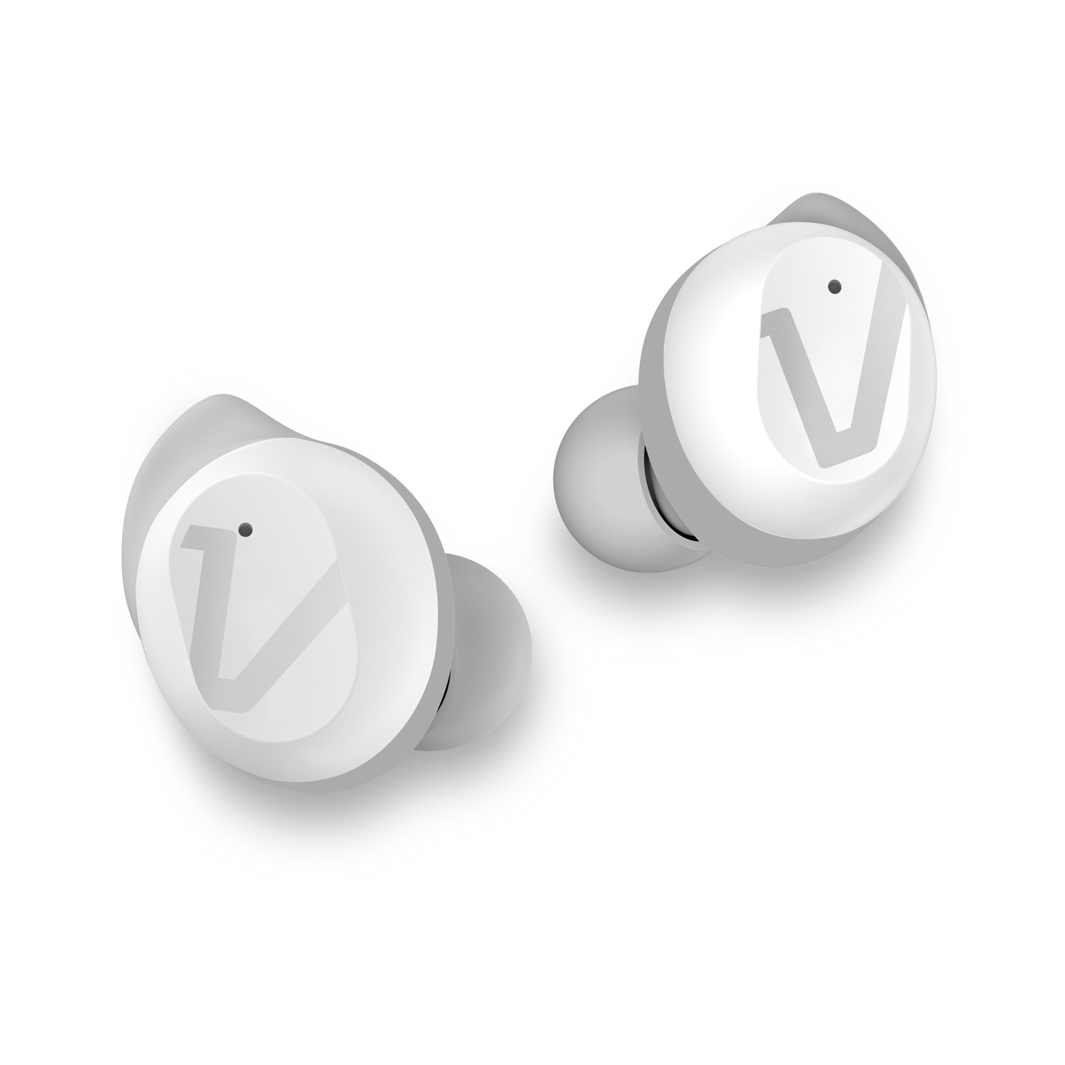 Coppia di auricolari bianchi e grigi con logo V bianco su ciascuno, su sfondo bianco.