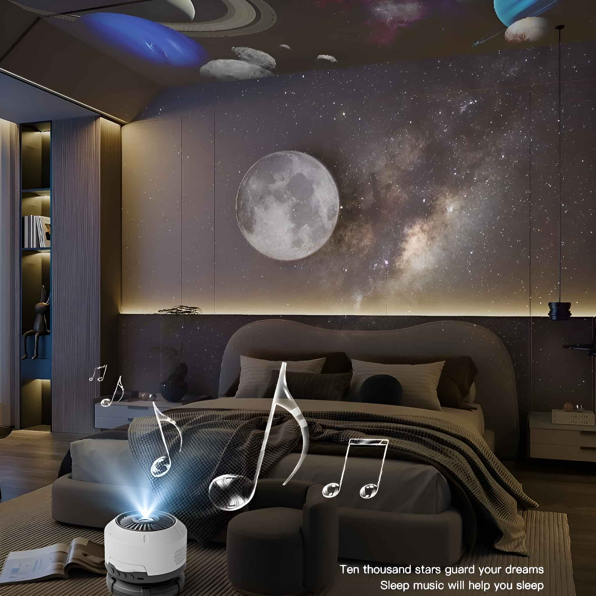 Ein Schlafzimmer mit Galaxie-Projektion an der Decke, einem Bett und Noten.