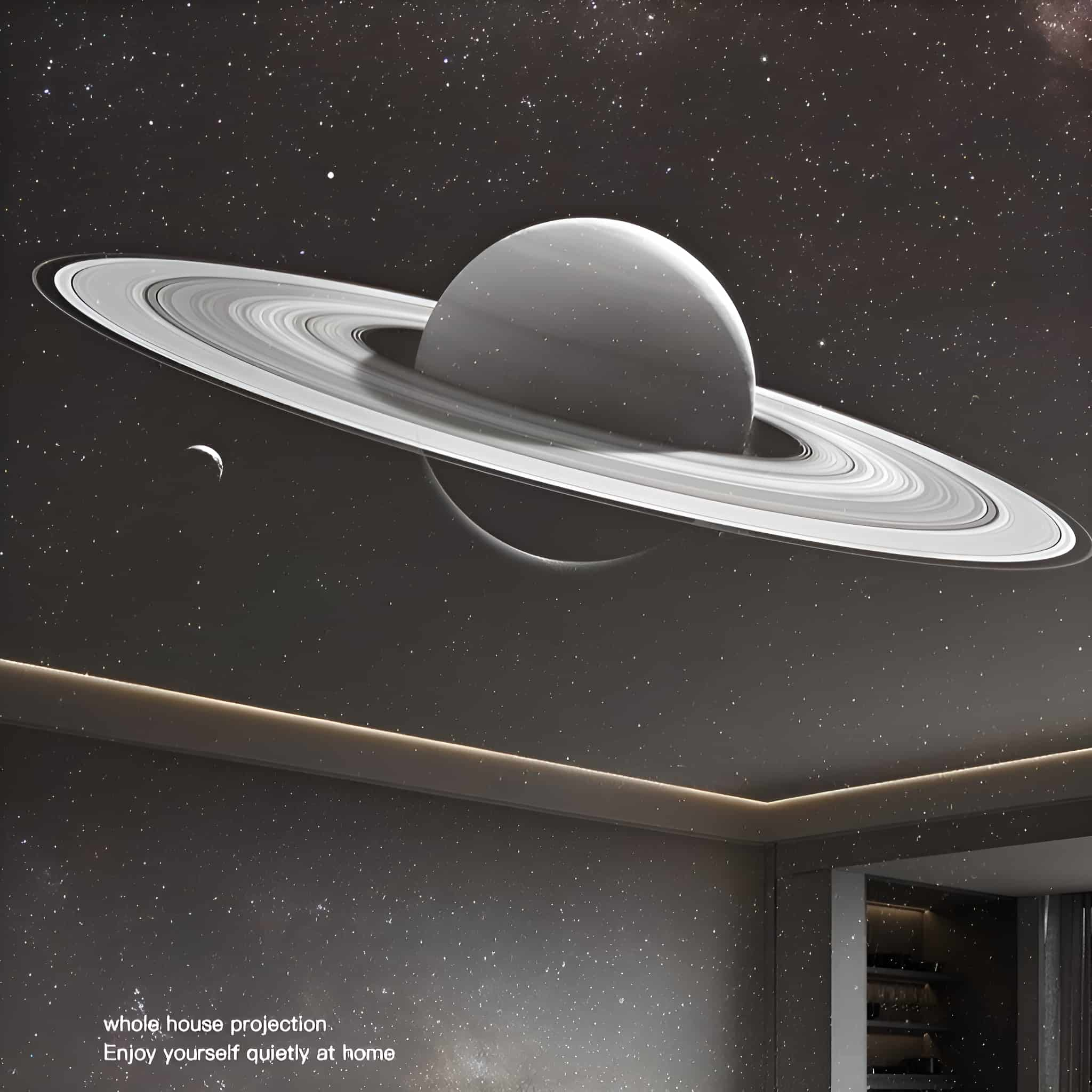 Ein projiziertes Bild des Saturns mit Ringen an einer Sternendecke, wirbt für Heimprojektion und Genuss.