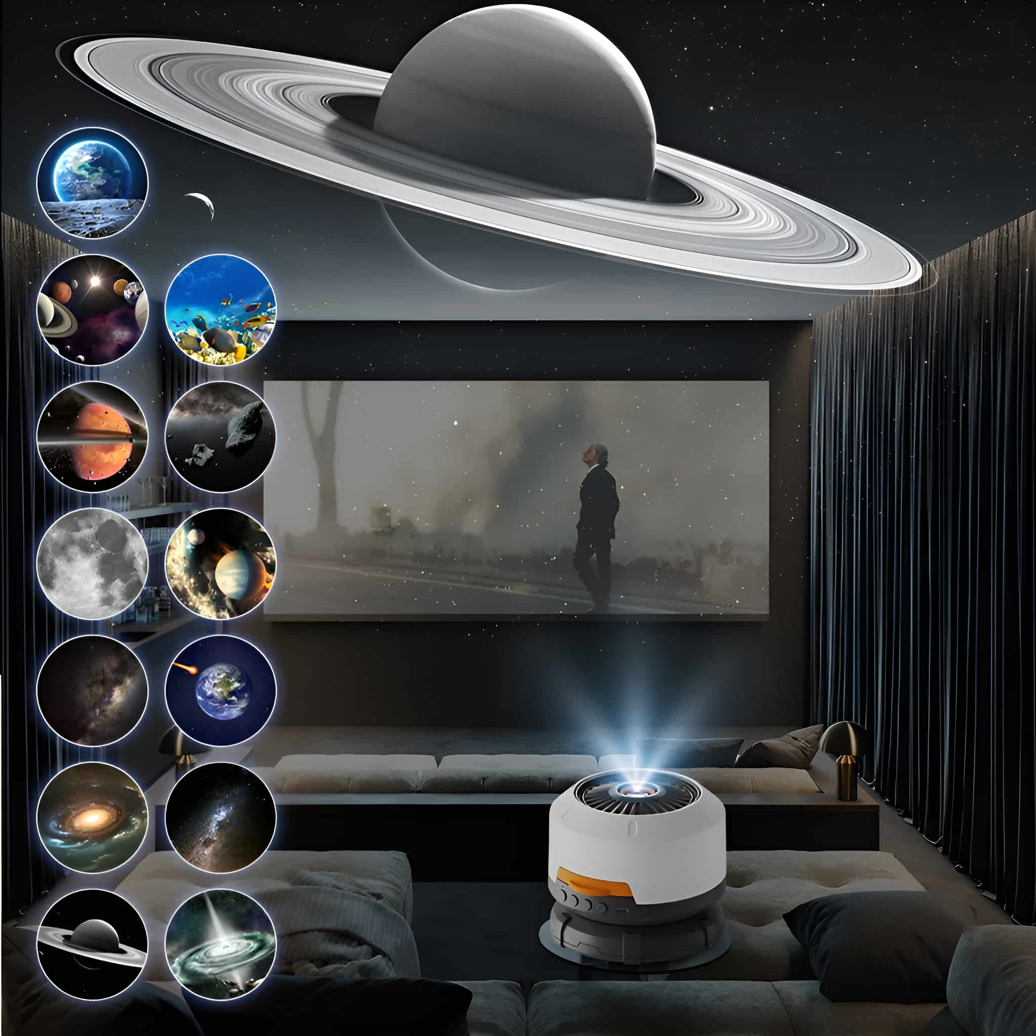 Projektor auf Ständer, projiziert Planeten an die Decke. Mann beobachtet Projektion.