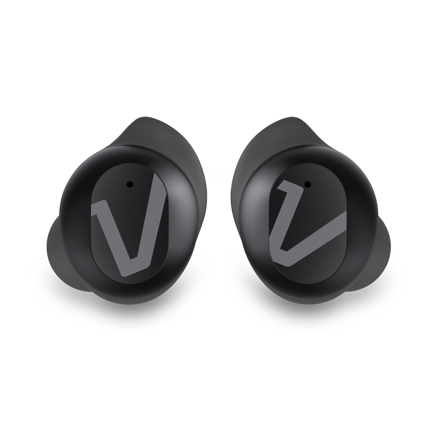 Due auricolari neri con logo V grigio. Sono inclinati e hanno un'ombra grigia.