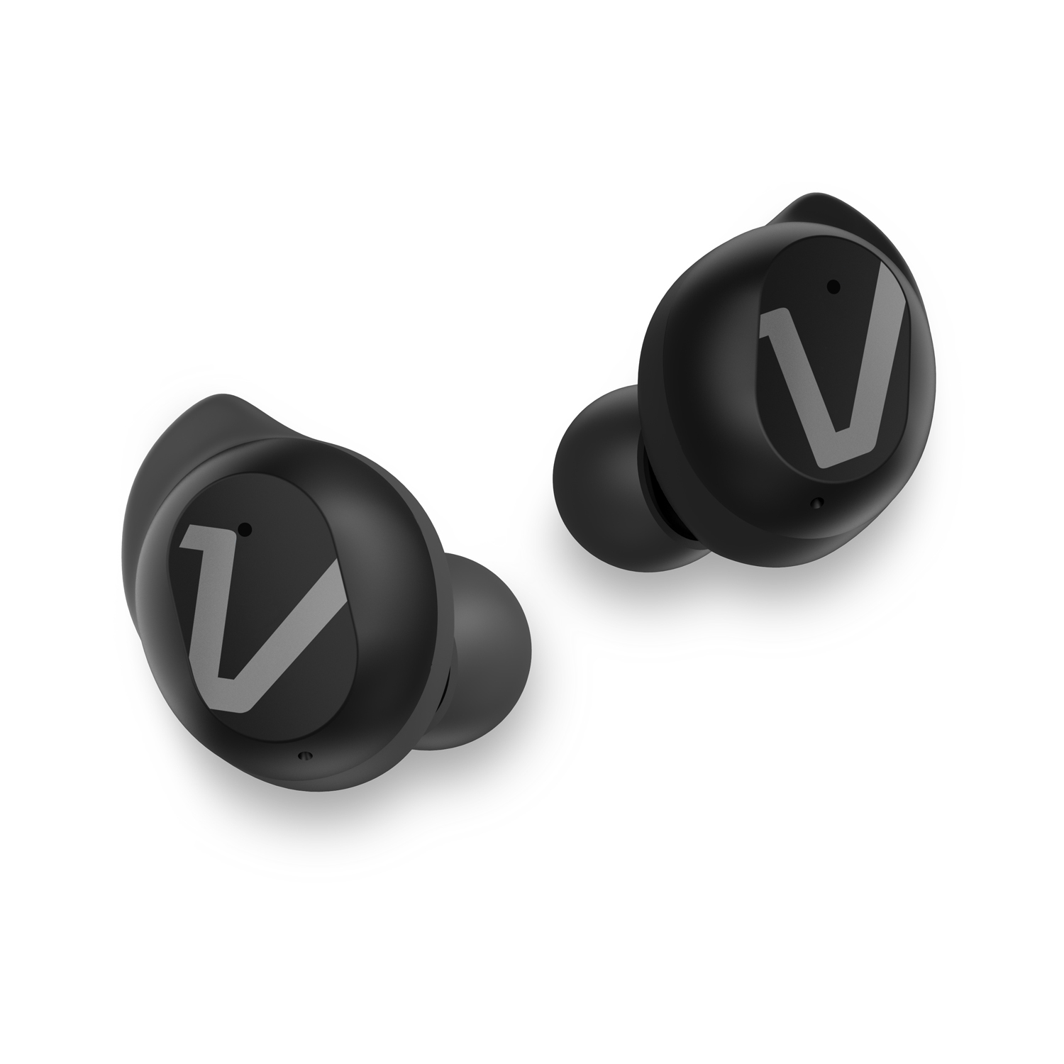 Auricolari wireless neri con una 'V' grigia su ciascun auricolare. Sfondo bianco.