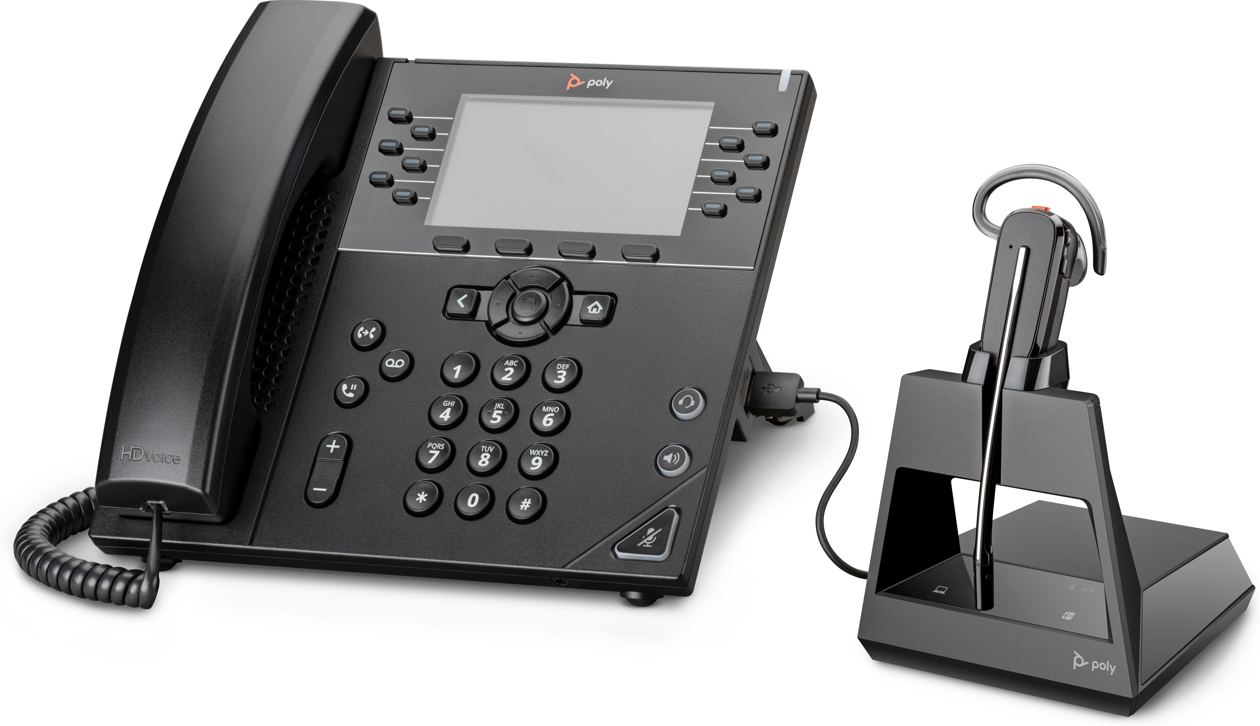 Un telefono da ufficio nero con cuffia e base di ricarica, su sfondo bianco.