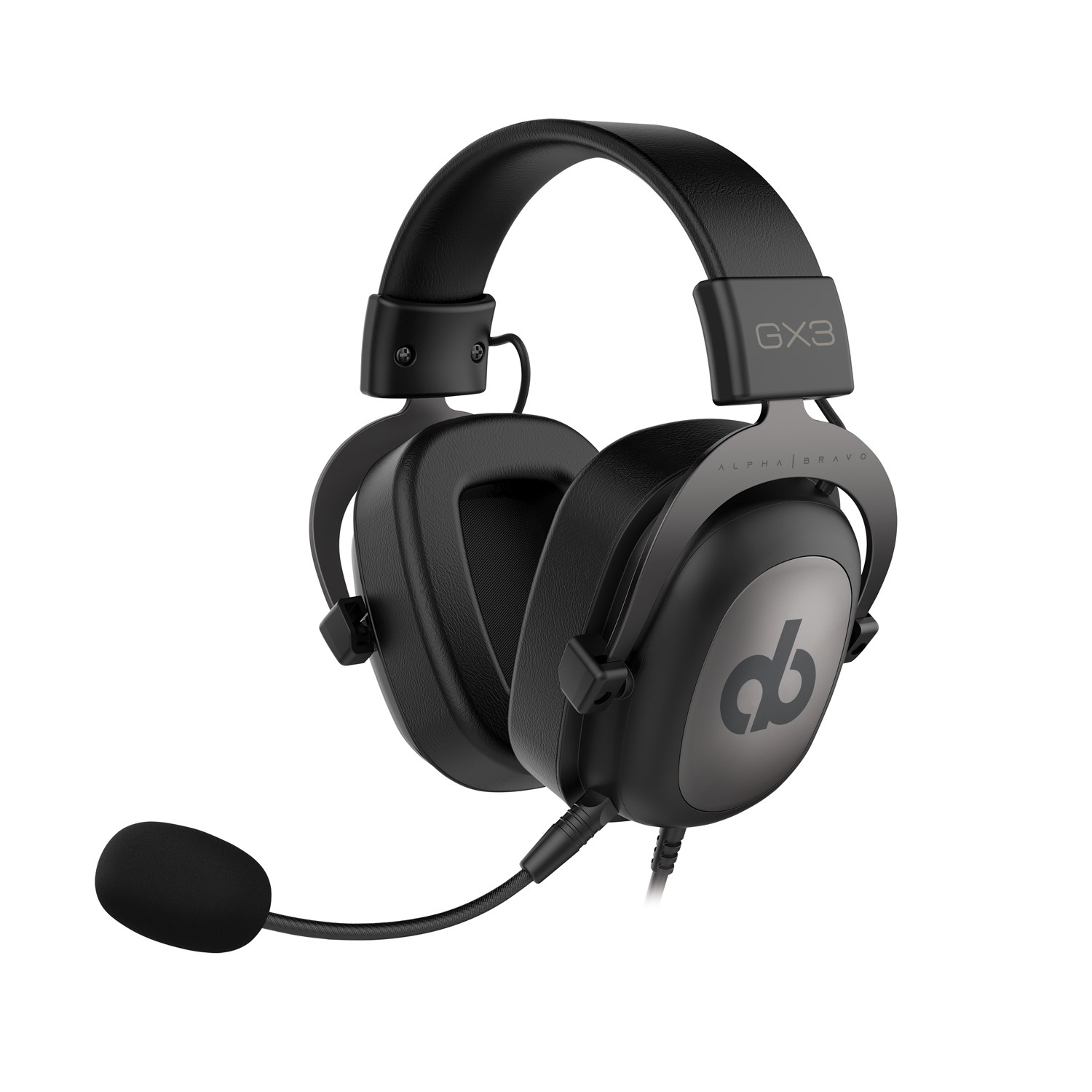 Cuffie GX3 Alpha Bravo nere con microfono. Le cuffie hanno padiglioni neri e fascia nera.