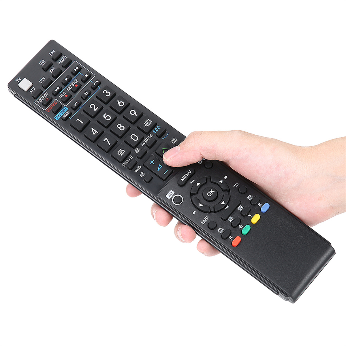 Eine Hand, die eine schwarze Fernbedienung mit vielen Knöpfen hält. Die Knöpfe sind für verschiedene Funktionen beschriftet.
