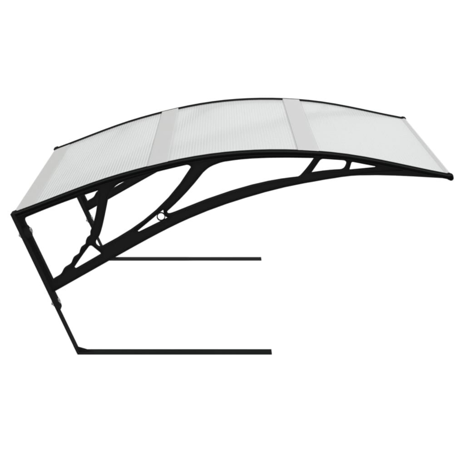 Ein schwarzes und klares Vordach mit geschwungenem Design, für den Außenbereich montiert.