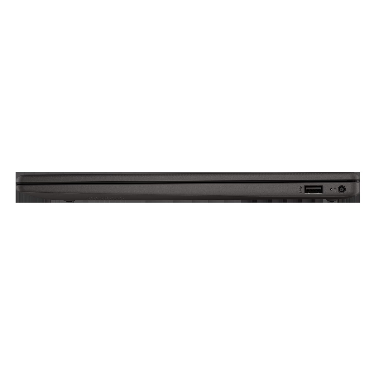 Eine Nahaufnahme der Seite eines schwarzen Laptops mit Anschlüssen und einem USB-Anschluss.