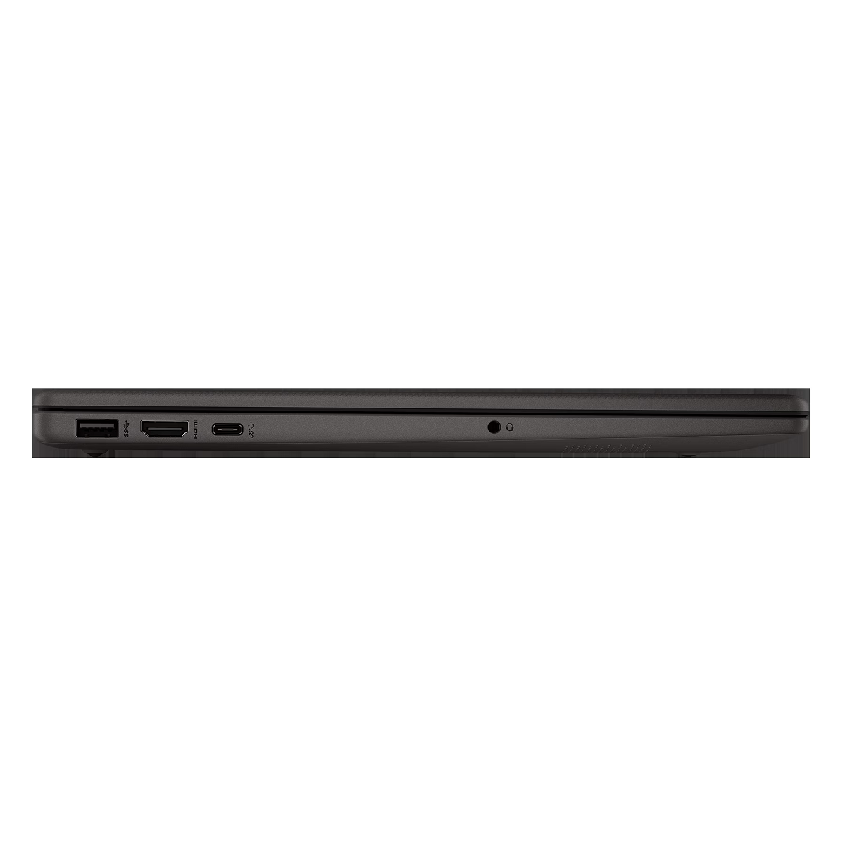 Die Seite eines schwarzen Laptops mit Anschlüssen und Kopfhöreranschluss.