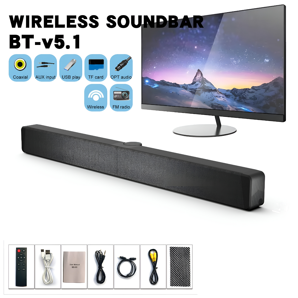 Eine schwarze Soundbar mit verschiedenen Eingangsanschlüssen und einem Monitor, sowie Zubehör wie Fernbedienung und Kabel.