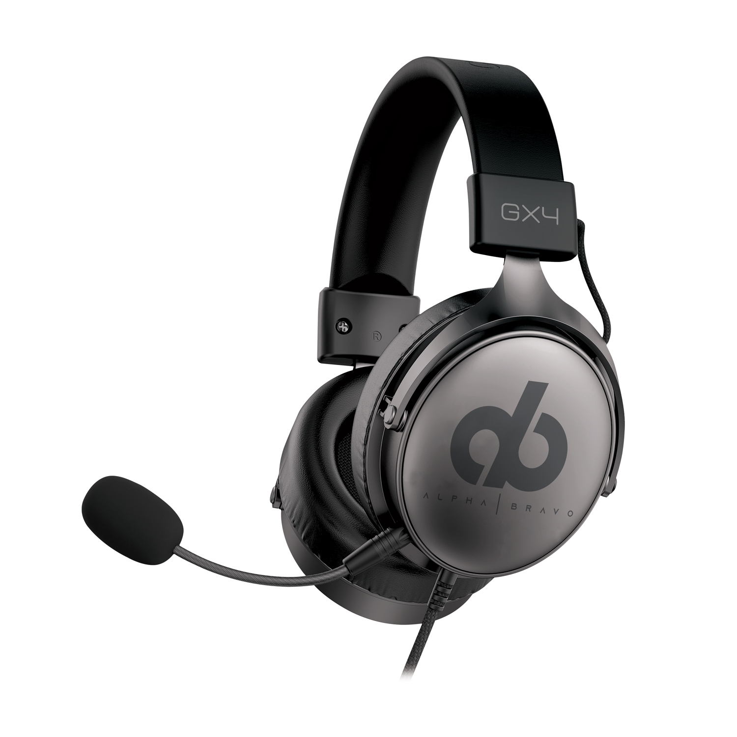 Cuffie GX4 Alpha Bravo nere con microfono. Le cuffie hanno padiglioni neri e fascia nera.