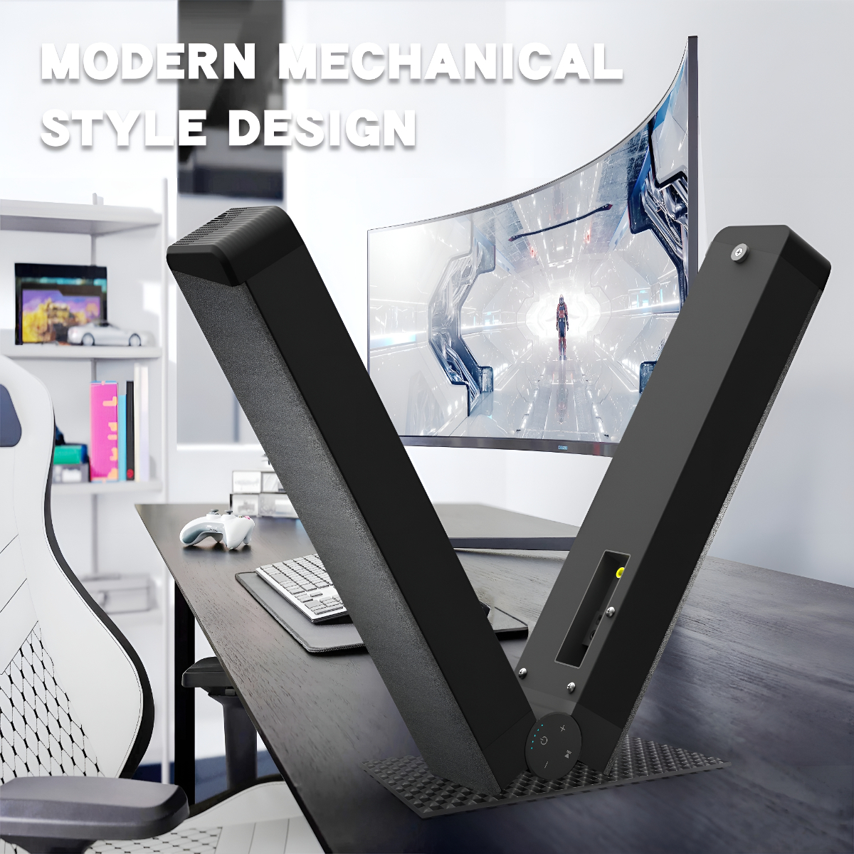 Zwei schwarze Lautsprecher auf einem Schreibtisch und ein gewölbter Monitor im Hintergrund. Modernes mechanisches Design.