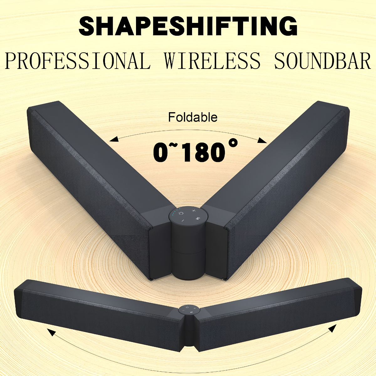 Schwarze, faltbare Soundbar, V-förmig geöffnet auf Holzoberfläche.
