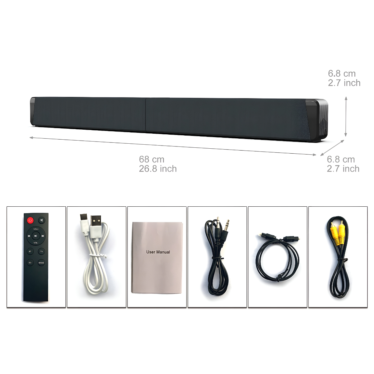 Schwarze Soundbar mit Abmessungen sowie Fernbedienung, Kabel, Handbuch und Zubehör.