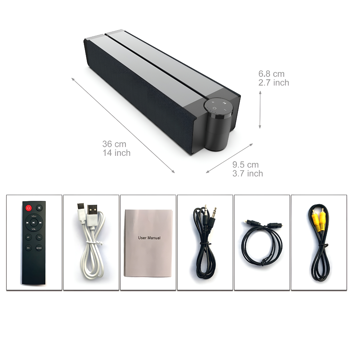 Schwarze Soundbar mit Abmessungen. Fernbedienung, Kabel, Handbuch und Audiokabel auf weißem Grund.