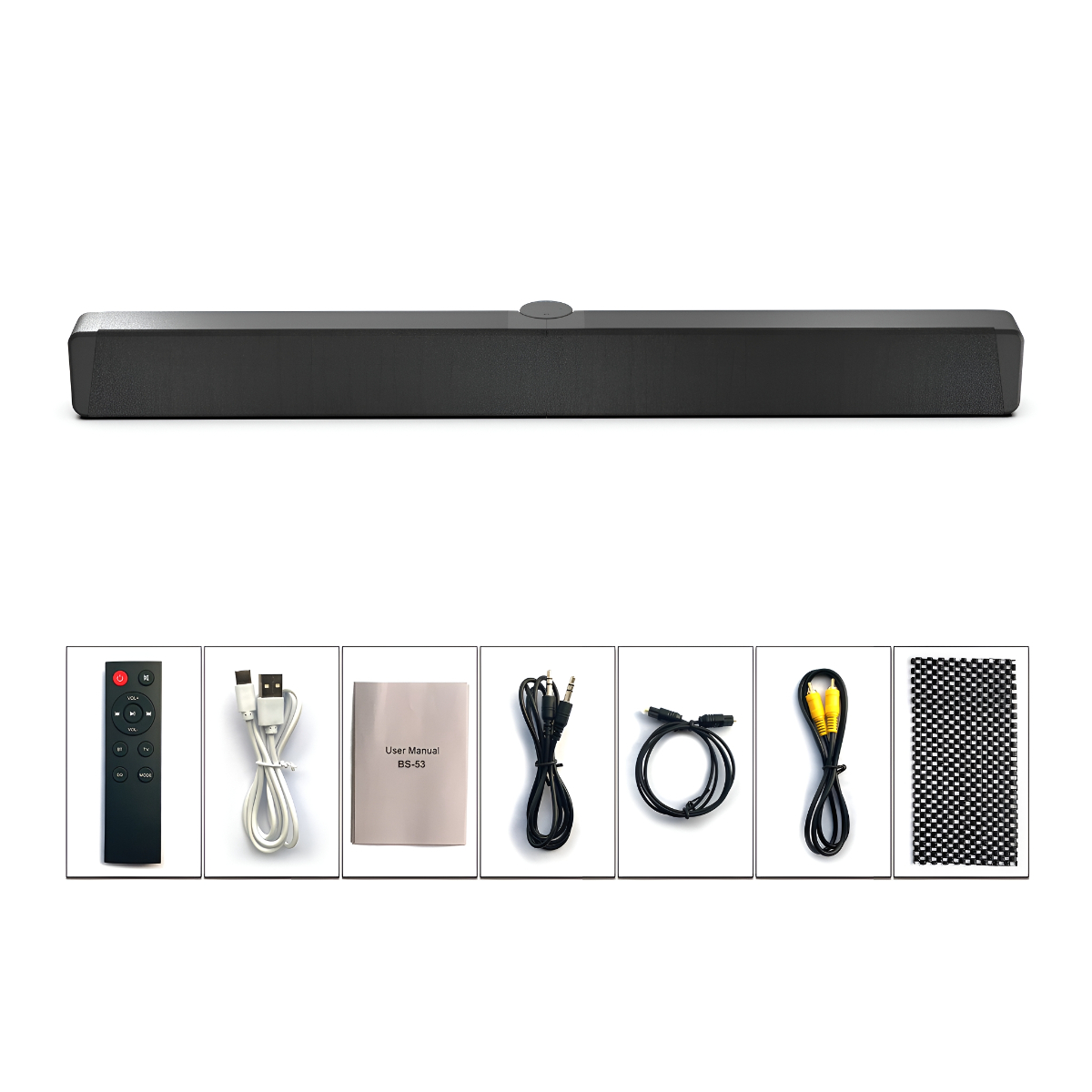 Schwarze Soundbar mit Fernbedienung, Kabeln und Benutzerhandbuch. Verschiedene Anschlussmöglichkeiten ebenfalls sichtbar.