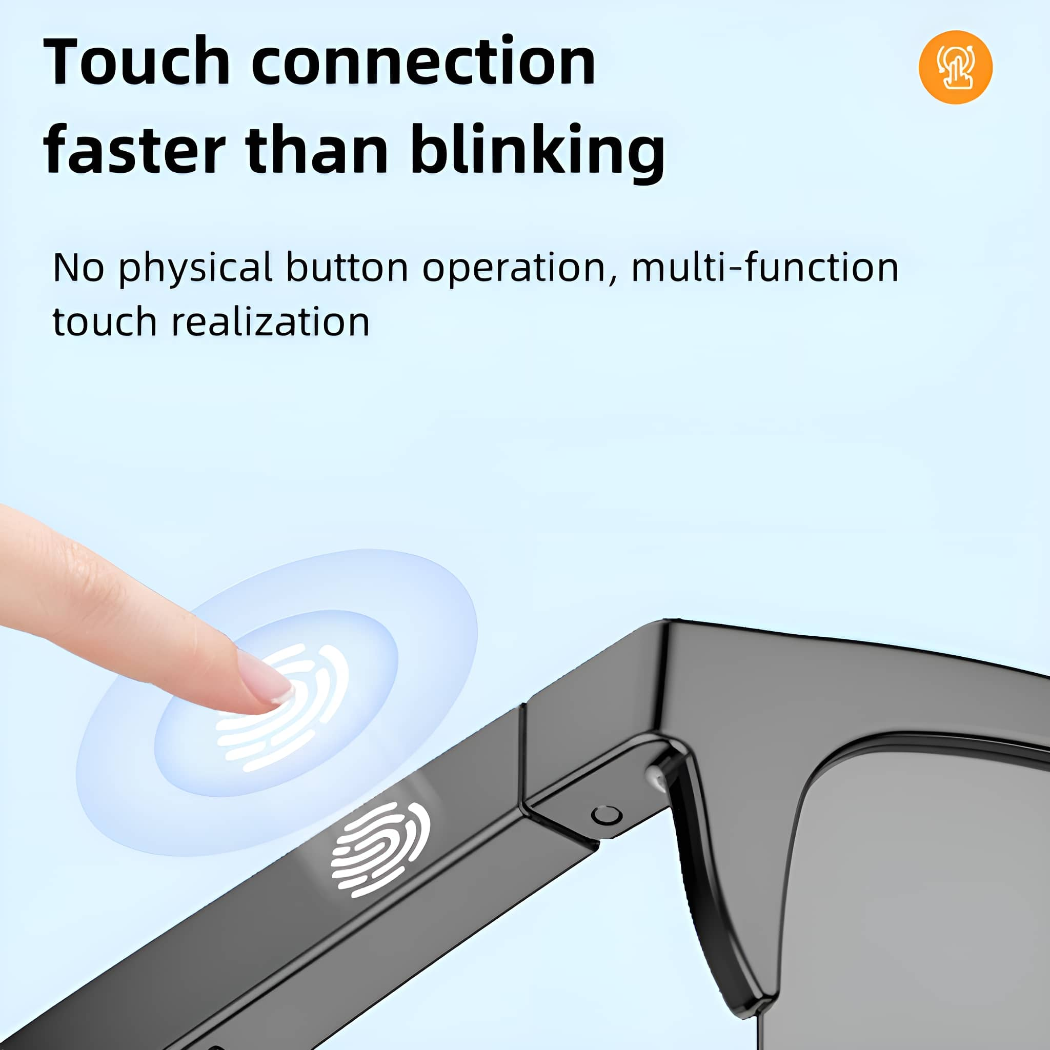 Ein Finger berührt den Rahmen einer intelligenten Brille in der Nähe eines Fingerabdrucksymbols, mit Textüberlagerung.
