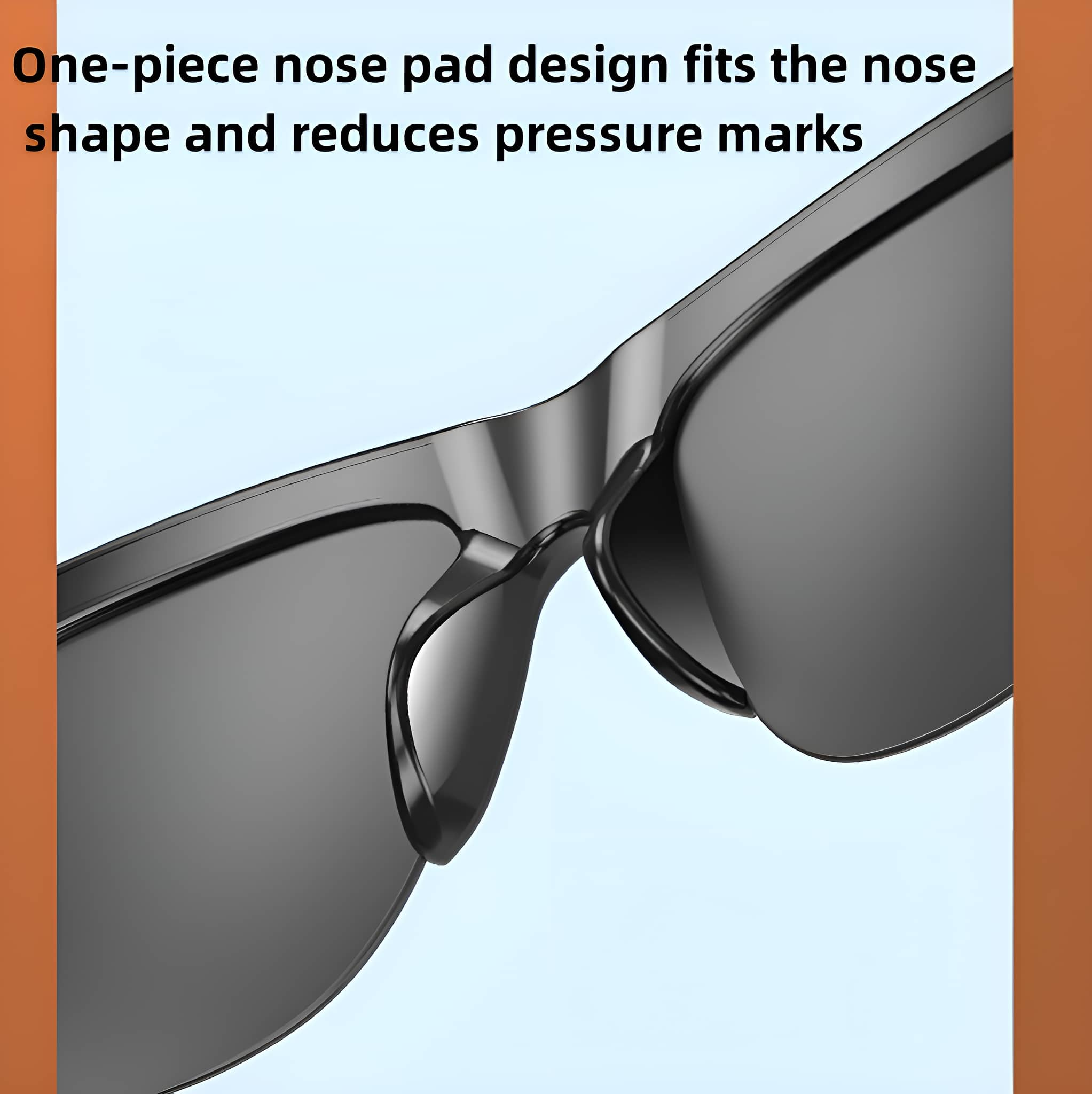 Nahaufnahme einer Sonnenbrille mit einteiligem Nasenpad für Komfort.