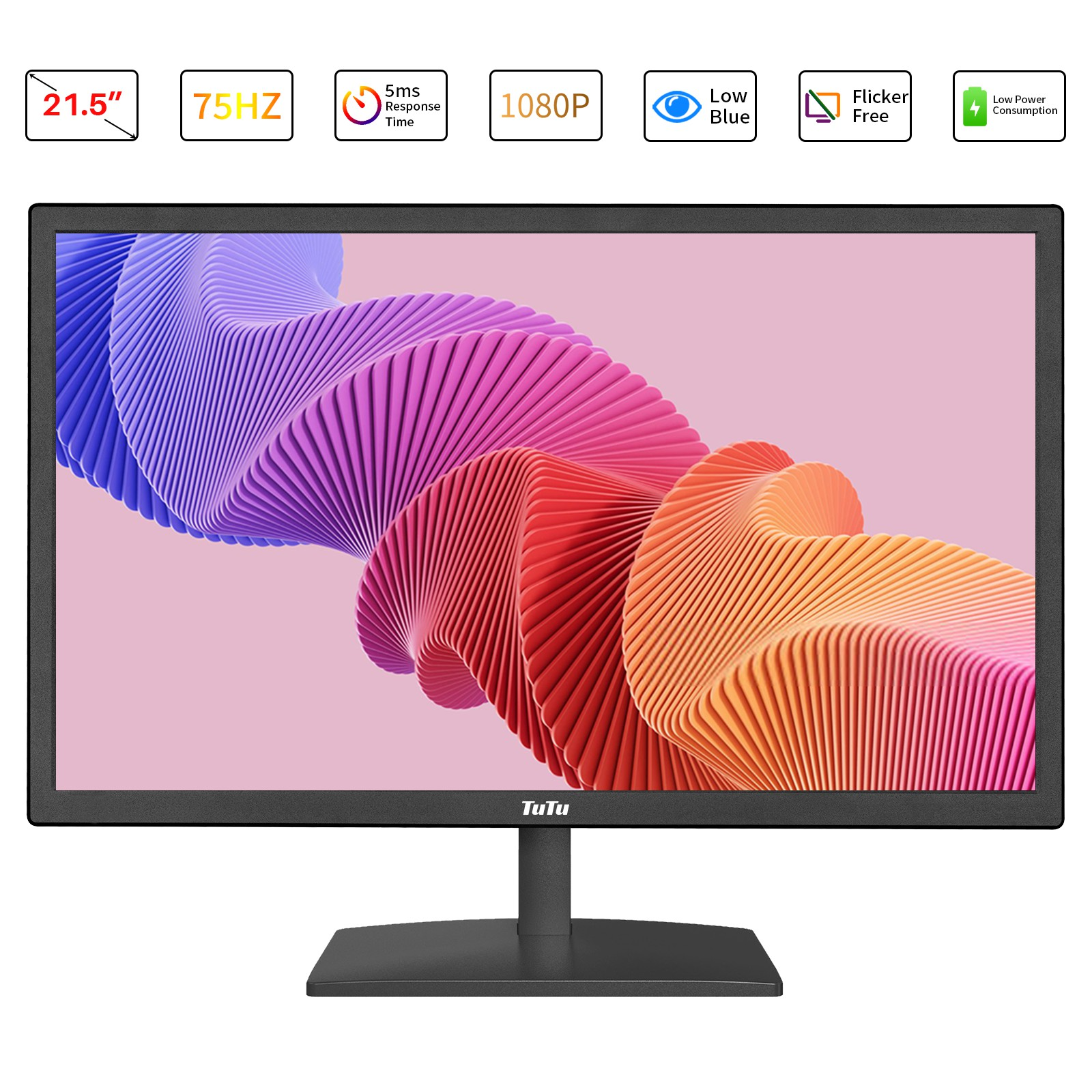Ein schwarzer Computermonitor mit einem farbenfrohen abstrakten Design auf dem Bildschirm. Specs sind oben angezeigt.