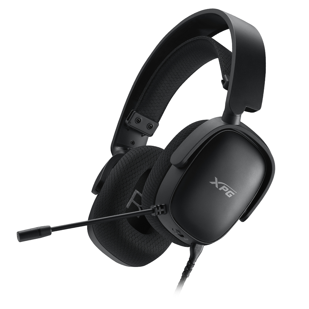 Cuffie da gaming XPG nere con microfono integrato. L'auricolare è angolato e ha uno sfondo neutro.