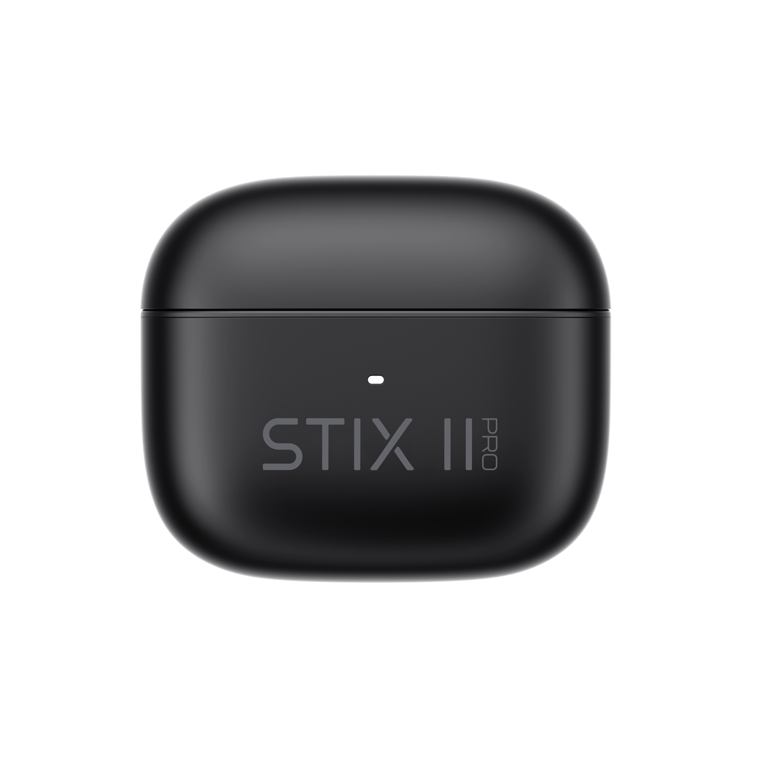 Custodia di ricarica per auricolari STIX II Pro nera. La custodia è chiusa, con il marchio sul davanti.