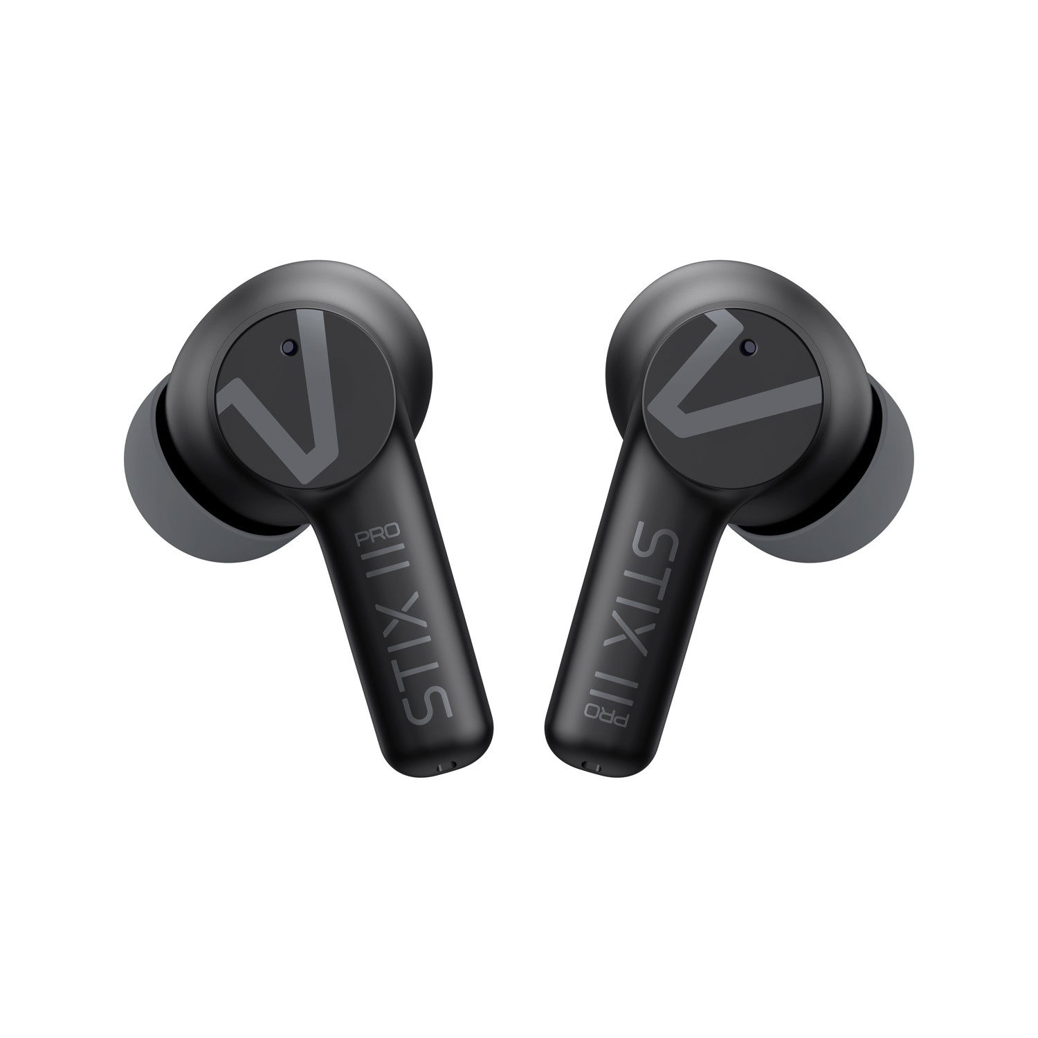 Auricolari wireless neri con logo V grigio. Su sfondo bianco.