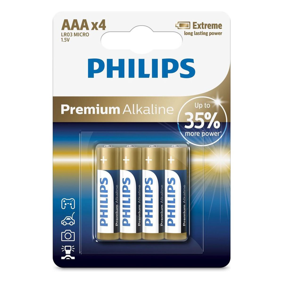 Cztery baterie AAA w plastikowym opakowaniu. Opakowanie jest biało-niebieskie, z tekstem.