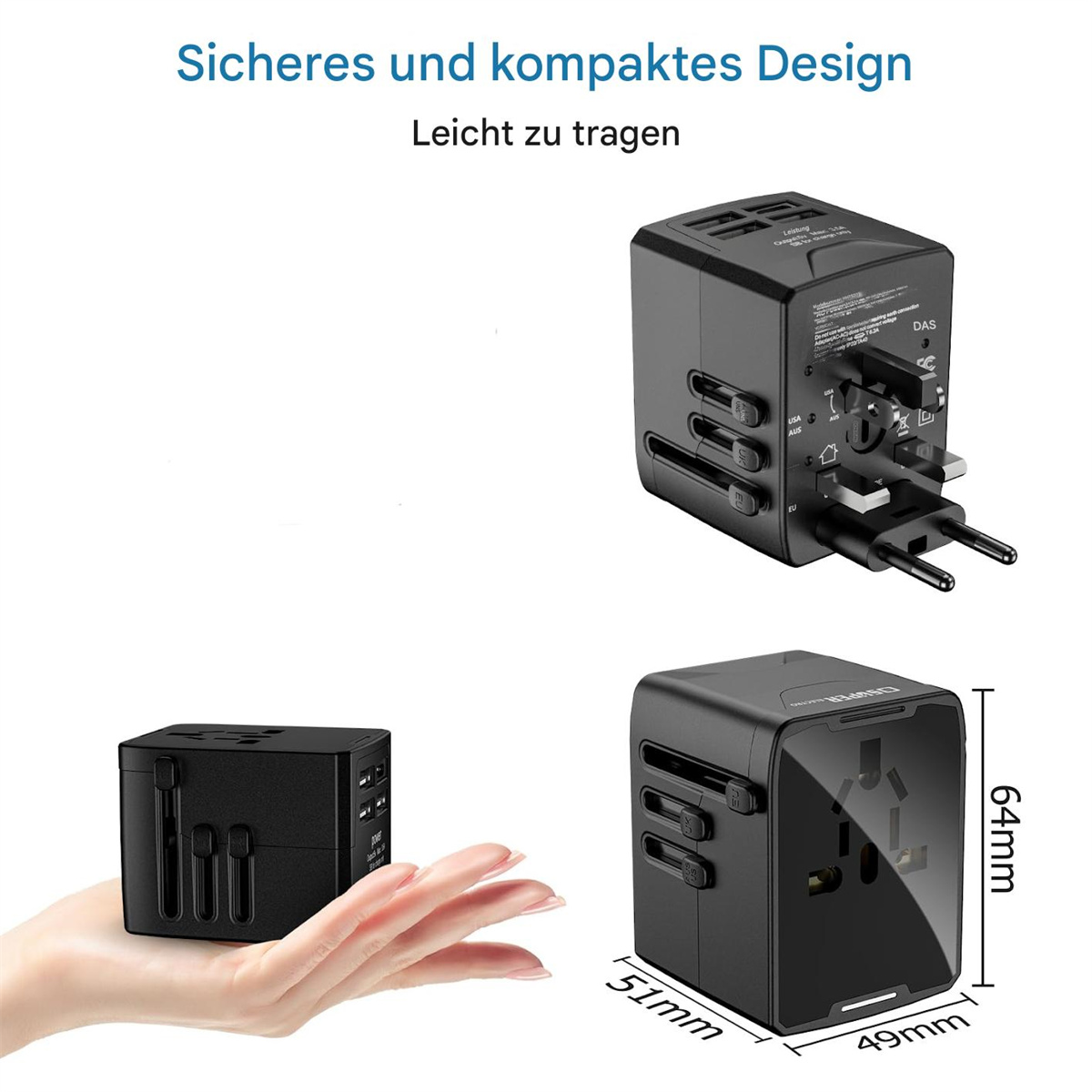 Schwarzer Reiseadapter mit mehreren Steckern und USB-Anschlüssen, in der Hand und mit Abmessungen gezeigt.
