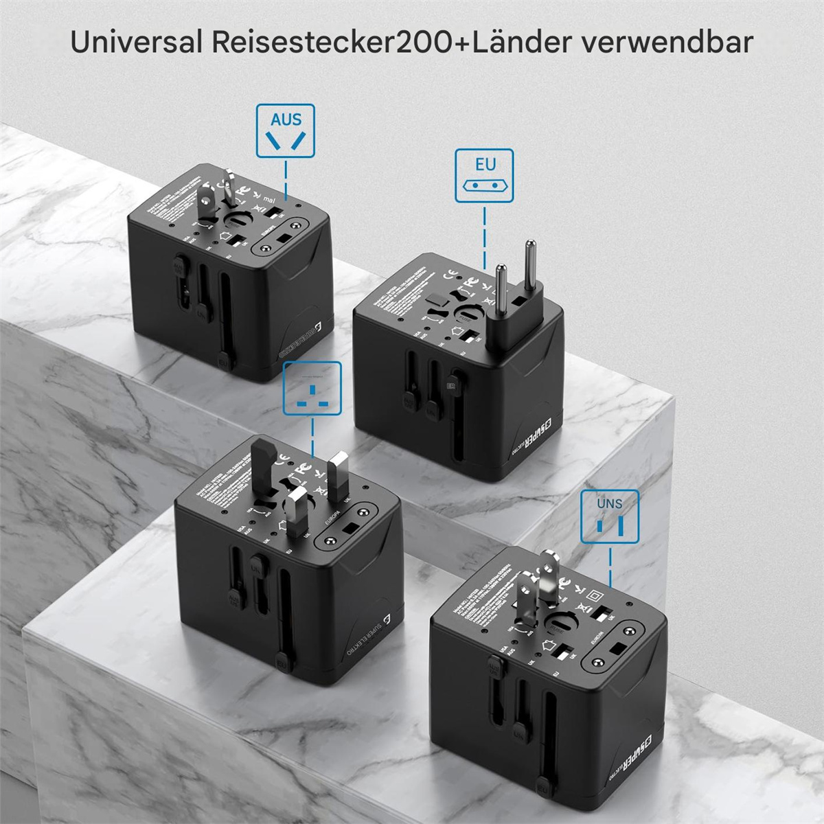 Vier schwarze Reiseadapter mit verschiedenen Steckertypen auf einer Marmoroberfläche. Text: Universal-Reiseadapter.