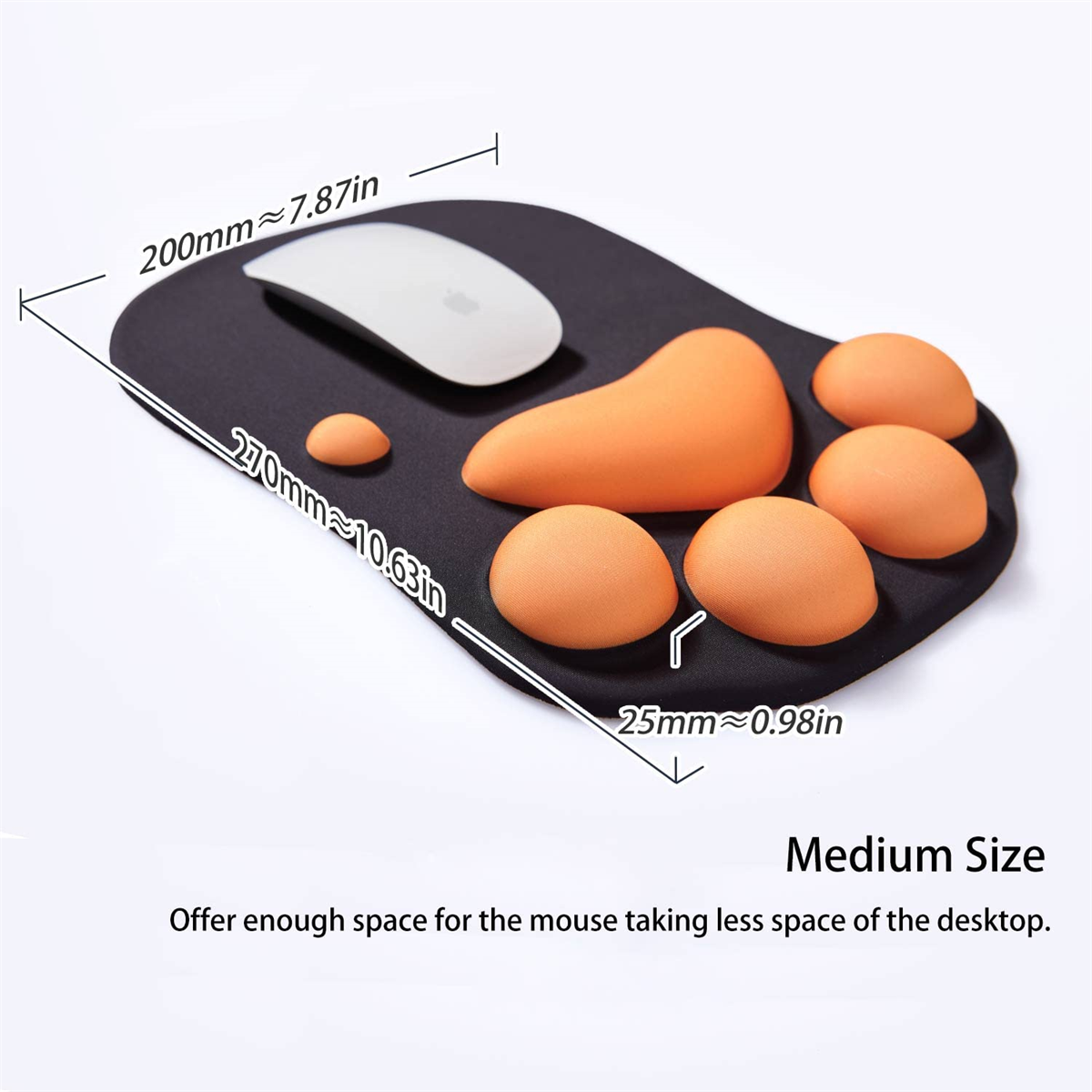 Schwarzes Mousepad mit orangefarbenen Pfoten. Weiße Maus liegt obenauf.