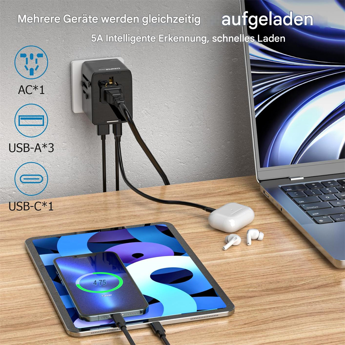 Eine Ladestation mit mehreren Geräten, die gleichzeitig geladen werden. Text: „Mehrere Geräte werden gleichzeitig geladen“.