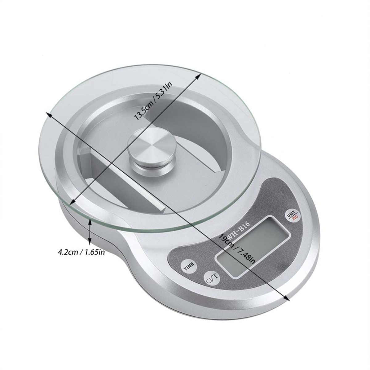 Eine digitale Küchenwaage mit Glasoberfläche. Sie zeigt Messungen in Zentimetern und Zoll, mit angegebenen Abmessungen.
