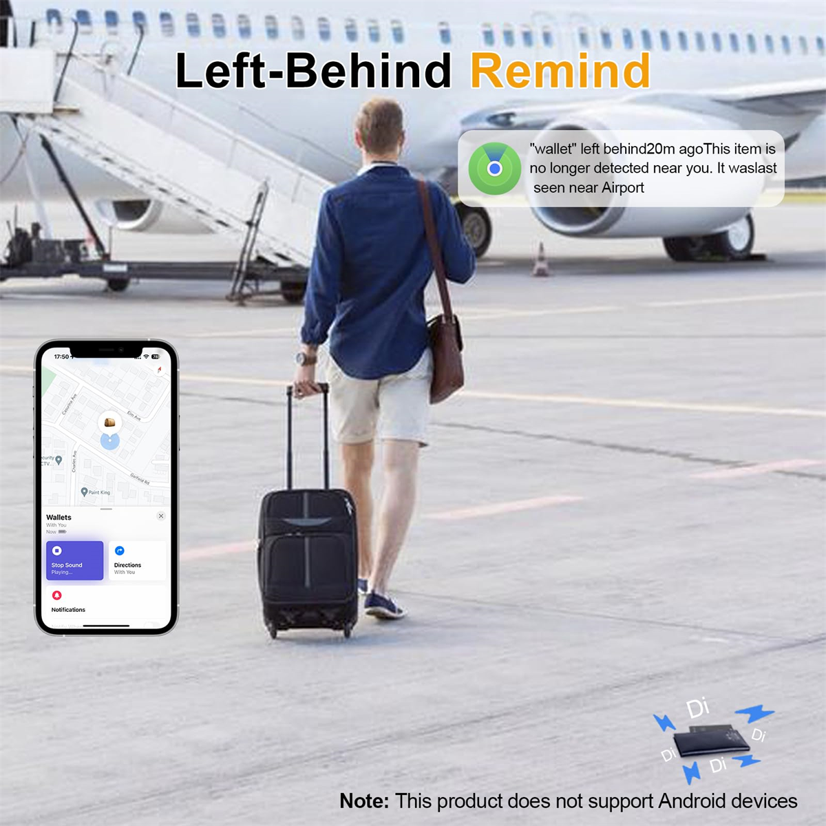 Mann mit Koffer geht. Text: Zurückgelassene Erinnerung. Telefon zeigt den Wallet-Standort.