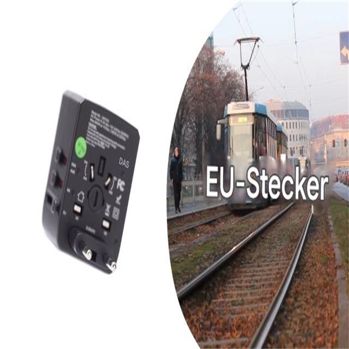 Schwarzer Reiseadapter und eine Straßenbahn auf der Straße.